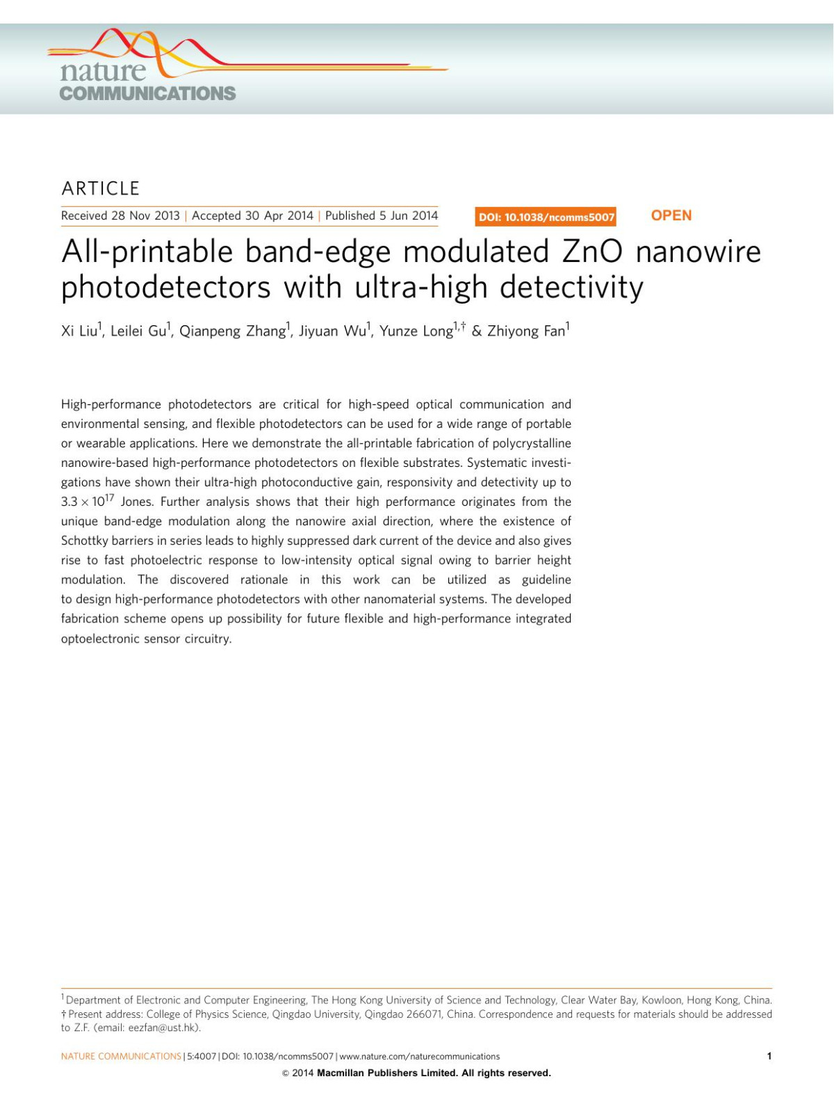 Allprintable Bandedge Modulated Zno Nanowire Photodetectors With Ultrahigh Detectivity Xi Liu Leilei Gu Qianpeng Zhang Jiyuan Wu Yunze Long Zhiyong Fan