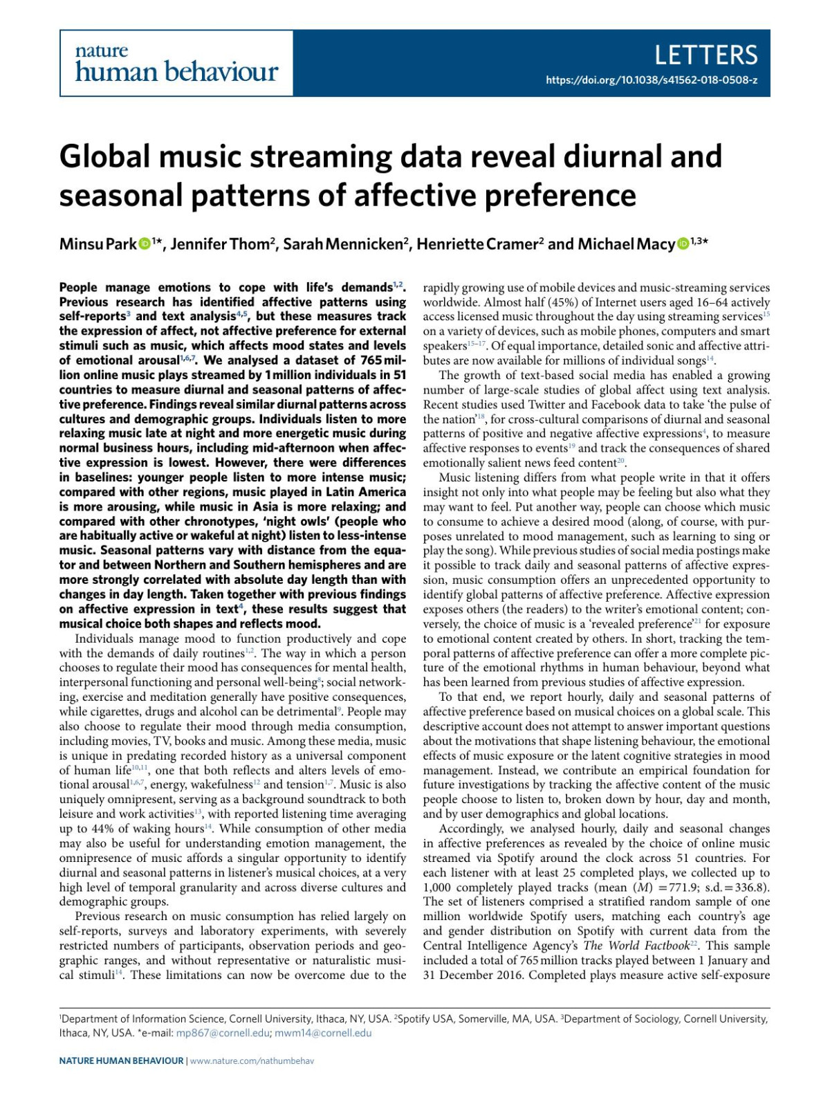 Global Music Streaming Data Reveal Diurnal And Seasonal Patterns Of Affective Preference Minsu Park Jennifer Thom Sarah Mennicken Henriette Cramer Michael Macy
