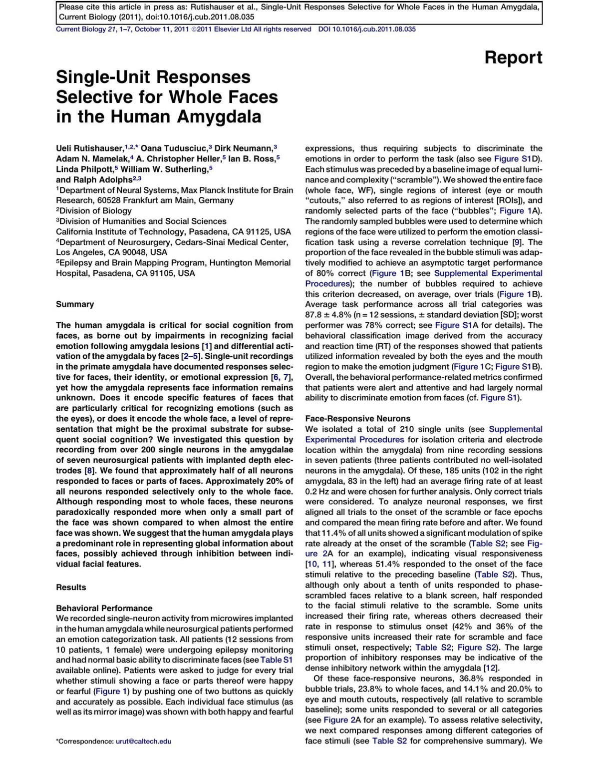 Singleunit Responses Selective For Whole Faces In The Human Amygdala Ueli Rutishauser Oana Tudusciuc Dirk Neumann Adamn Mamelak Achristopher Heller Ianb Ross Linda Philpott Williamw Sutherling Ralph Adolphs