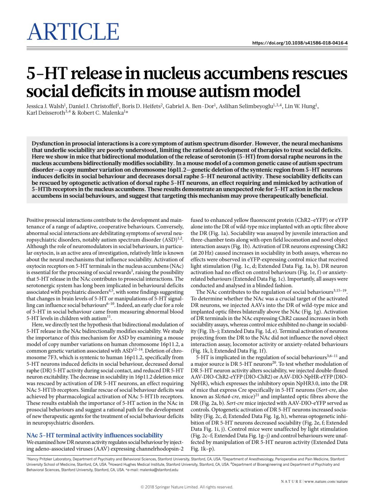 5ht Release In Nucleus Accumbens Rescues Social Deficits In Mouse Autism Model Jessica J Walsh Daniel J Christoffel Boris D Heifets Gabriel A Bendor Aslihan Selimbeyoglu Lin W Hung Karl Deisseroth Robert C Malenka
