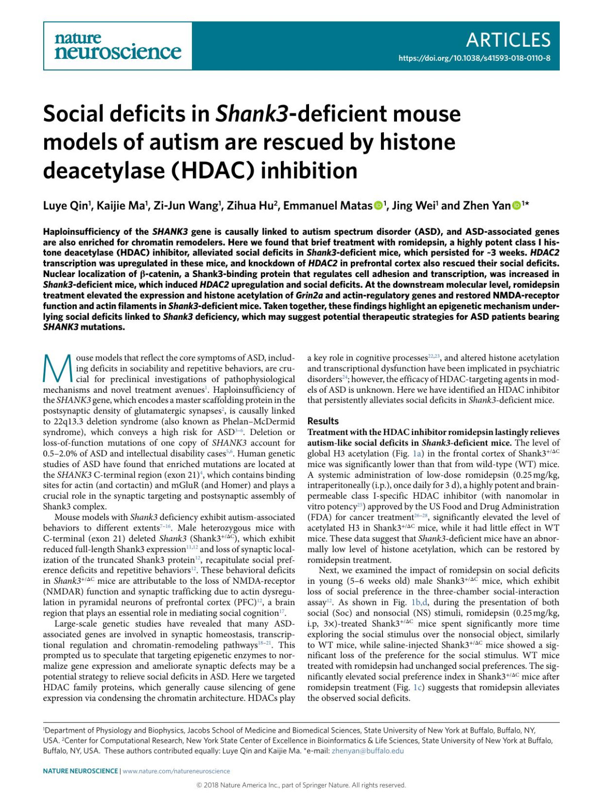 Social Deficits In Shank3deficient Mouse Models Of Autism Are Rescued By Histone Deacetylase Hdac Inhibition Luye Qin Kaijie Ma Zijun Wang Zihua Hu Emmanuel Matas Jing Wei Zhen Yan