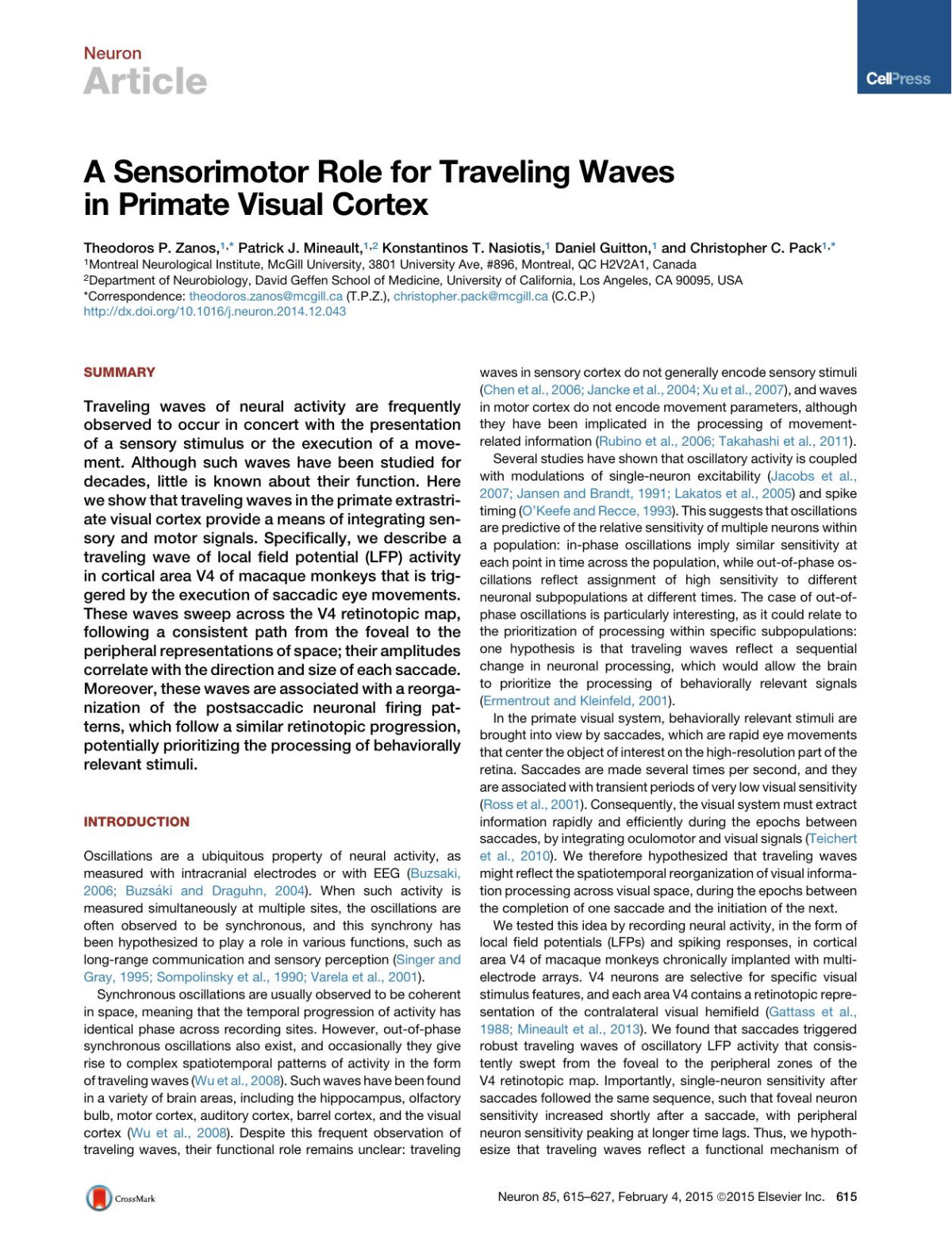 A Sensorimotor Role For Traveling Waves In Primate Visual Cortex Theodorosp Zanos Patrickj Mineault Konstantinost Nasiotis Daniel Guitton Christopherc Pack