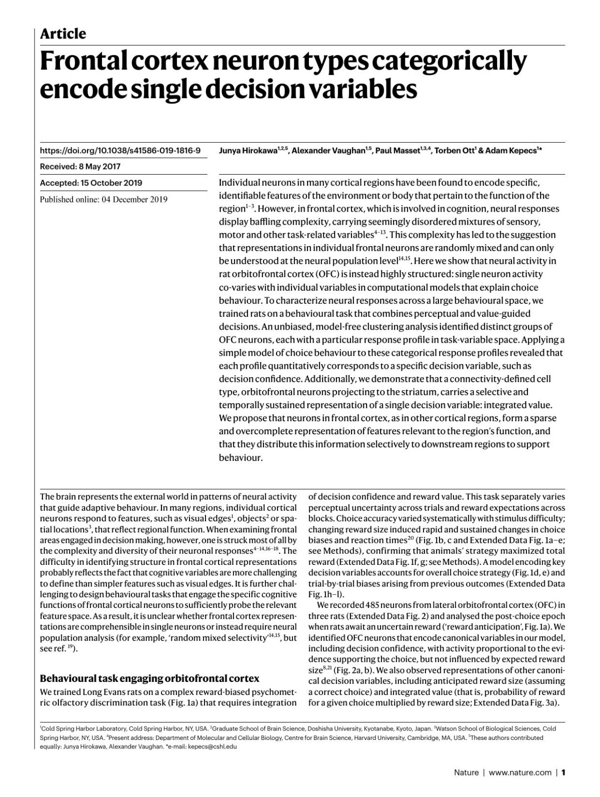 Frontal Cortex Neuron Types Categorically Encode Single Decision Variables Junya Hirokawa Alexander Vaughan Paul Masset Torben Ott Adam Kepecs