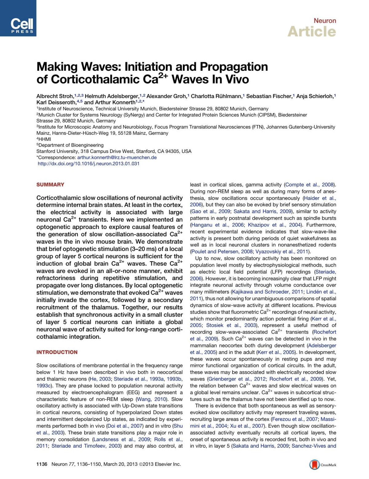 Making Waves Initiation And Propagation Of Corticothalamic Ca2 Waves Innbspvivo Albrecht Stroh Helmuth Adelsberger Alexander Groh Charlotta Rhlmann Sebastian Fischer Anja Schierloh Karl Deisseroth Arthur Konnerth