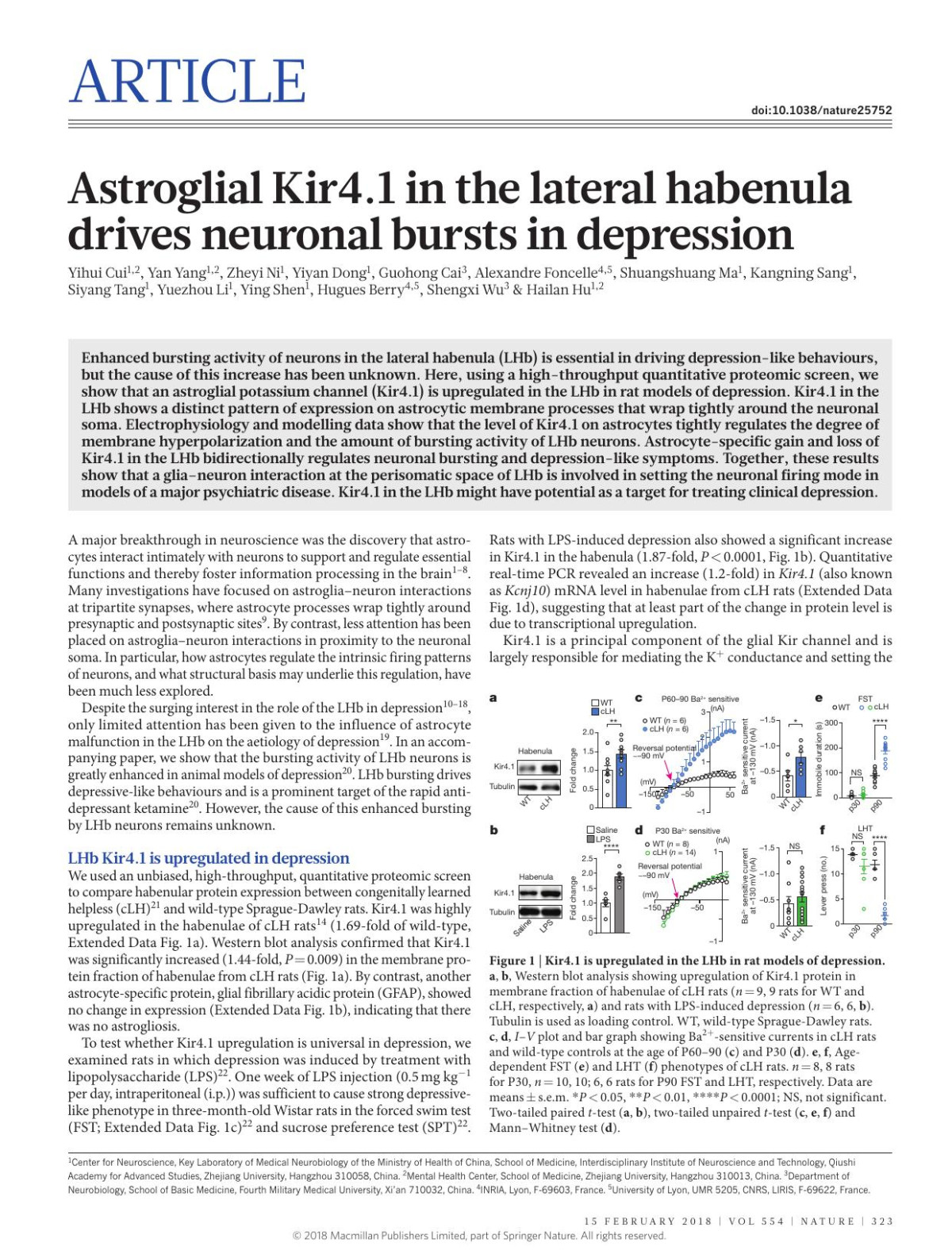 Astroglial Kir41 In The Lateral Habenula Drives Neuronal Bursts In Depression Yihui Cui Yan Yang Zheyi Ni Yiyan Dong Guohong Cai Alexandre Foncelle Shuangshuang Ma Kangning Sang Siyang Tang Yuezhou Li Ying Shen Hugues Berry Shengxi Wu Hailan Hu