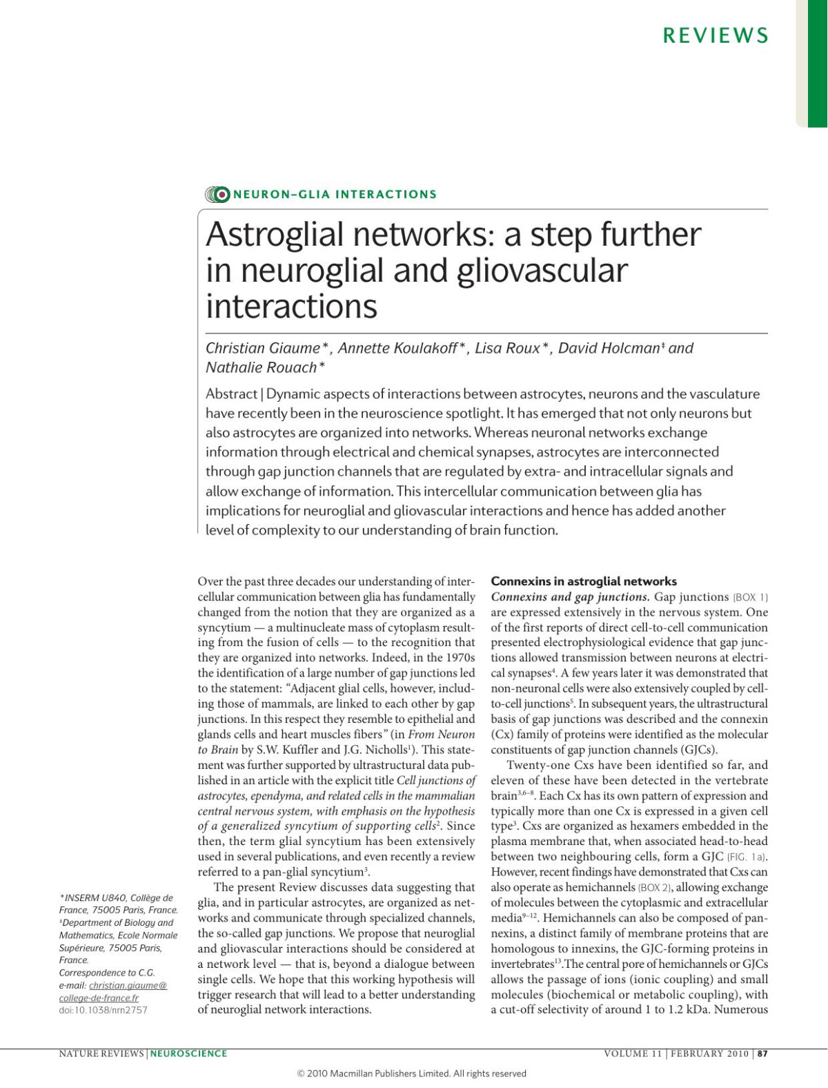 Astroglial Networks A Step Further In Neuroglial And Gliovascular Interactions Christian Giaume Annette Koulakoff Lisa Roux David Holcman Nathalie Rouach