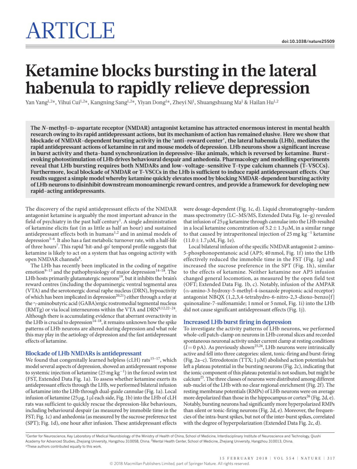 Ketamine Blocks Bursting In The Lateral Habenula To Rapidly Relieve Depression Yan Yang Yihui Cui Kangning Sang Yiyan Dong Zheyi Ni Shuangshuang Ma Hailan Hu