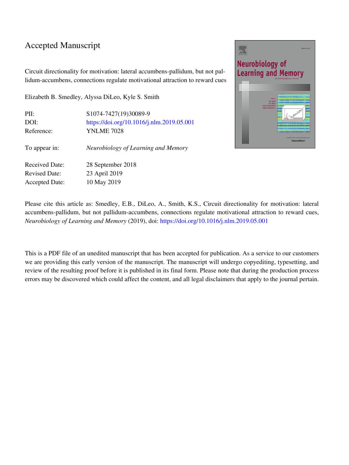 Circuit Directionality For Motivation Lateral Accumbenspallidum But Not Pallidumaccumbens Connections Regulate Motivational Attraction To Reward Cues Elizabeth B Smedley Alyssa Dileo Kyle S Smith