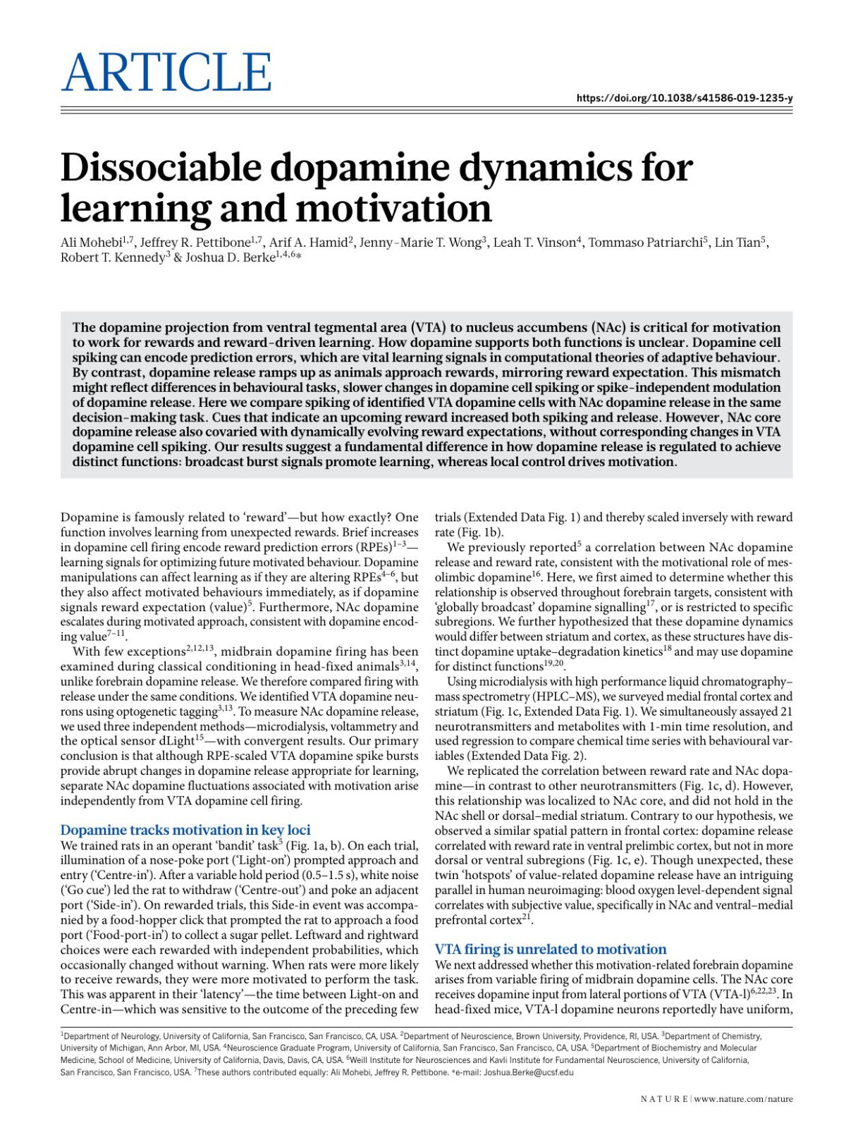 Dissociable Dopamine Dynamics For Learning And Motivation Ali Mohebi Jeffrey R Pettibone Arif A Hamid Jennymarie T Wong Leah T Vinson Tommaso Patriarchi Lin Tian Robert T Kennedy Joshua D Berke