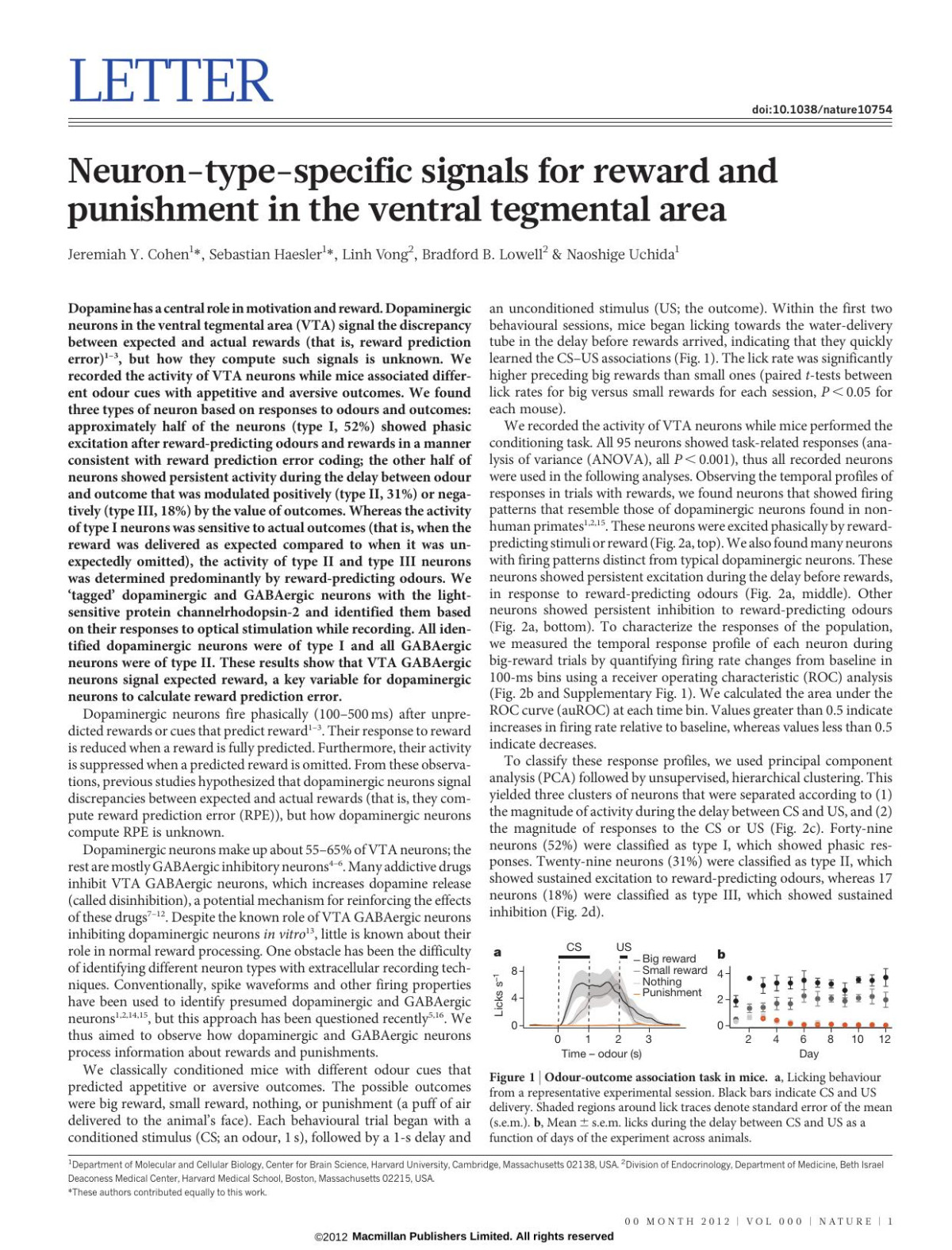 Neurontypespecific Signals For Reward And Punishment In The Ventral Tegmental Area Jeremiah Y Cohen Sebastian Haesler Linh Vong Bradford B Lowell Naoshige Uchida