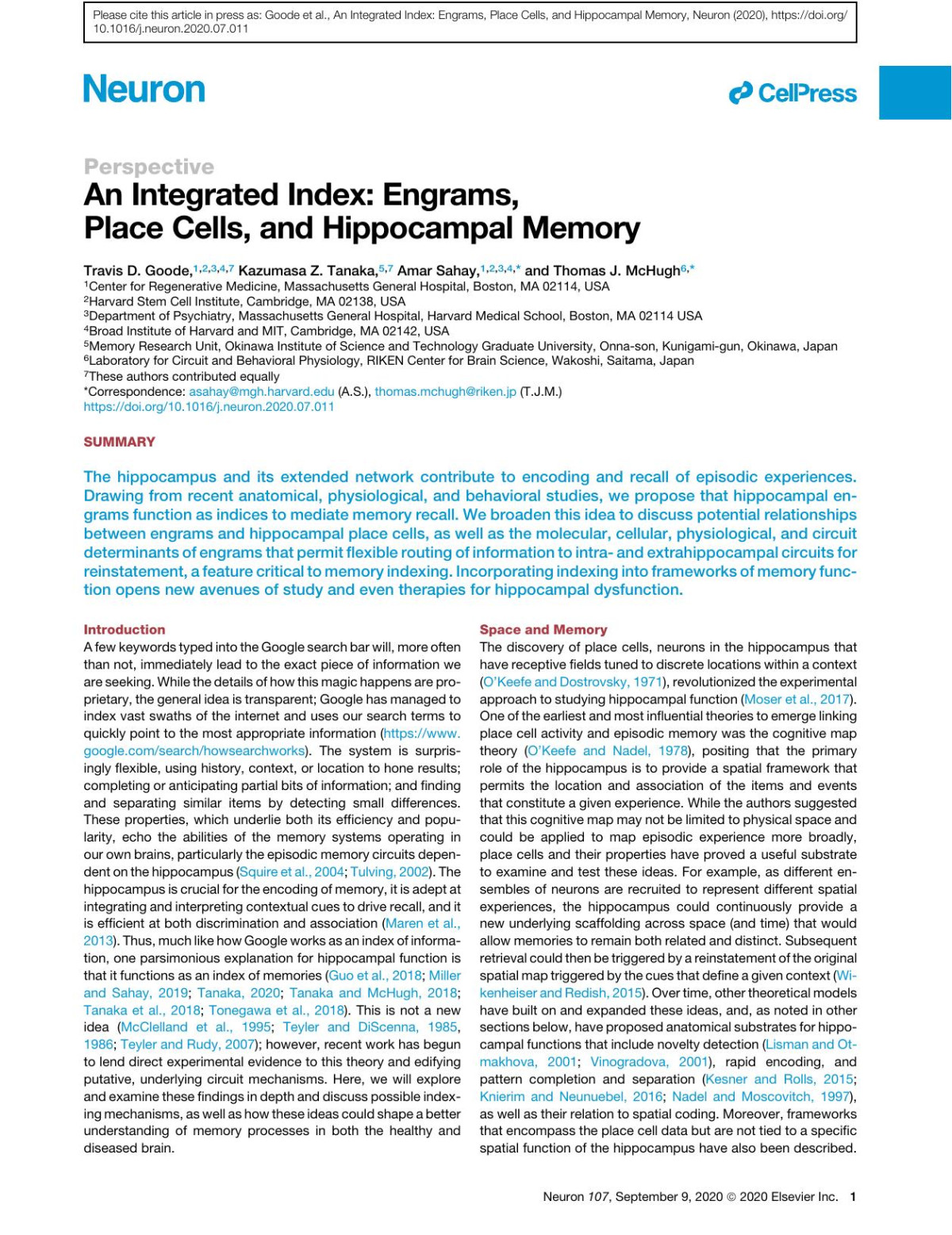 An Integrated Index Engrams Place Cells And Hippocampal Memory Travis D Goode Kazumasa Z Tanaka Amar Sahay Thomas J Mchugh