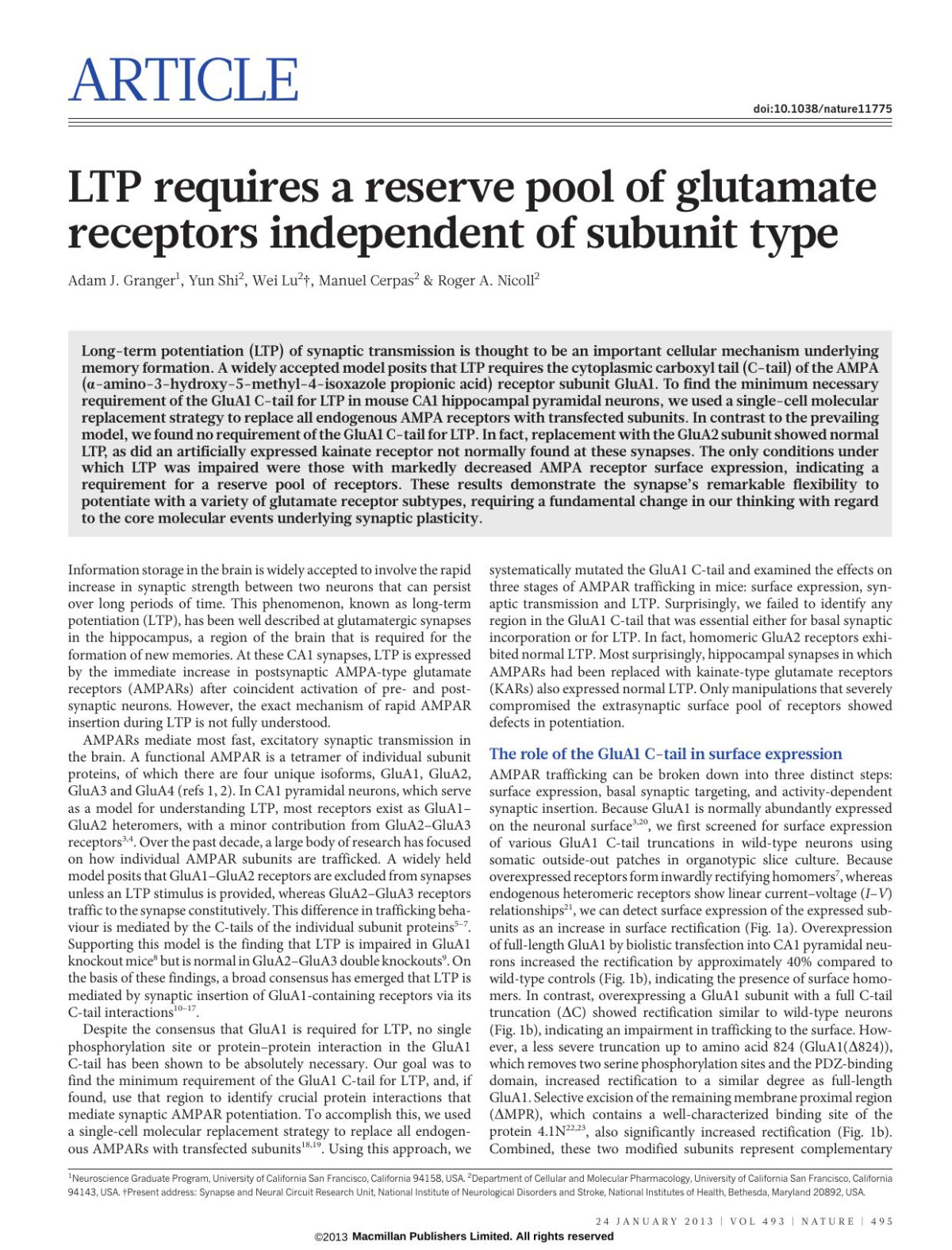 Ltp Requires A Reserve Pool Of Glutamate Receptors Independent Of Subunit Type Adam J Granger Yun Shi Wei Lu Manuel Cerpas Roger A Nicoll