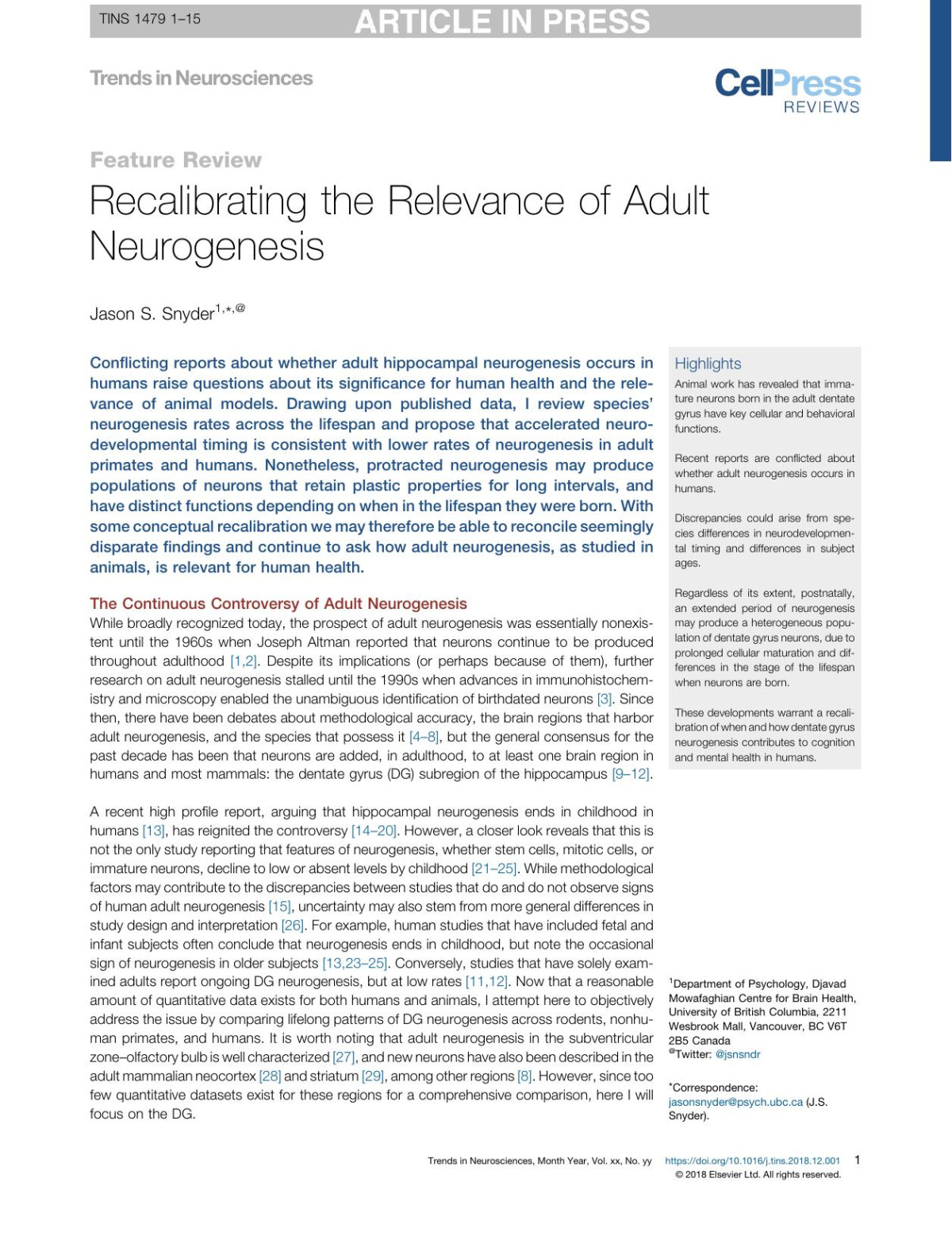 Recalibrating The Relevance Of Adult Neurogenesis Jason S Snyder