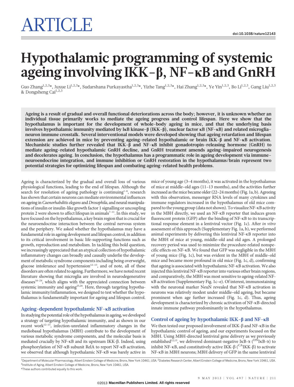 Hypothalamic Programming Of Systemic Ageing Involving Ikk Nfb And Gnrh Guo Zhang Juxue Li Sudarshana Purkayastha Yizhe Tang Hai Zhang Ye Yin Bo Li Gang Liu Dongsheng Cai