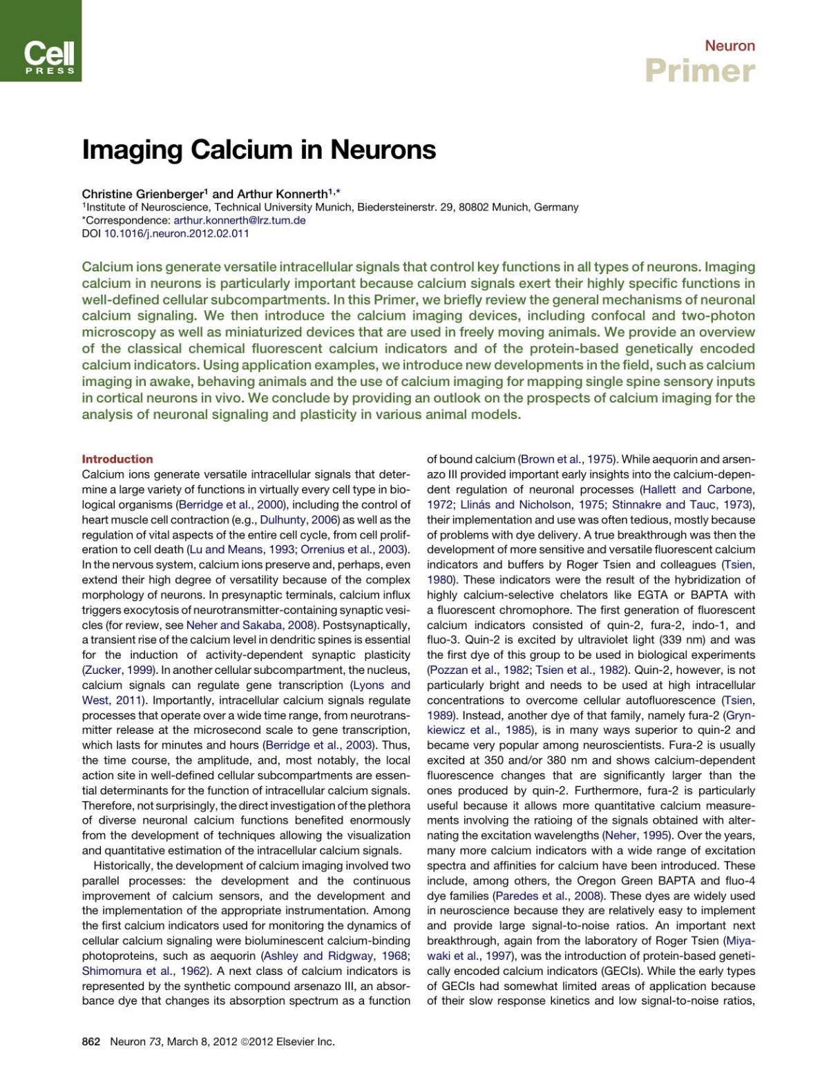 Imaging Calcium In Neurons Christine Grienberger Arthur Konnerth