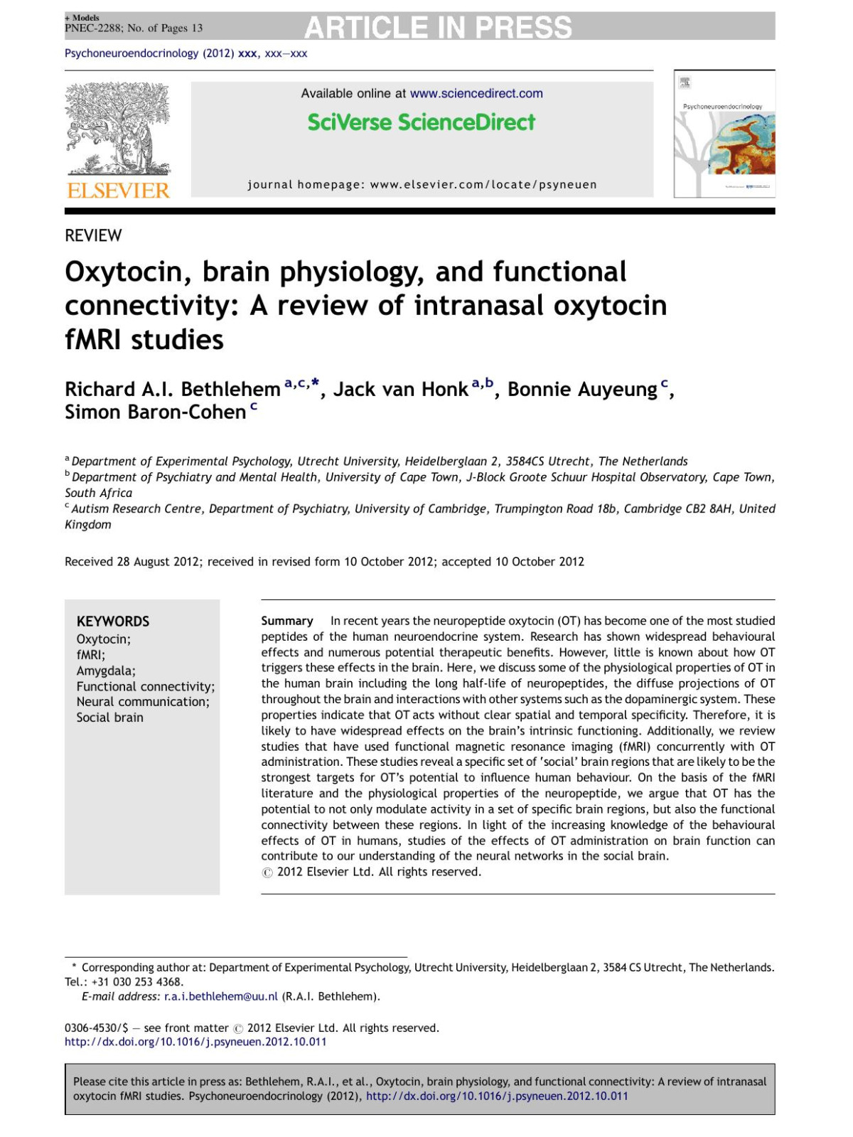 Oxytocin Brain Physiology And Functional Connectivity A Review Of Intranasal Oxytocin Fmri Studies Richard Ai Bethlehem Jack Van Honk Bonnie Auyeung Simon Baroncohen