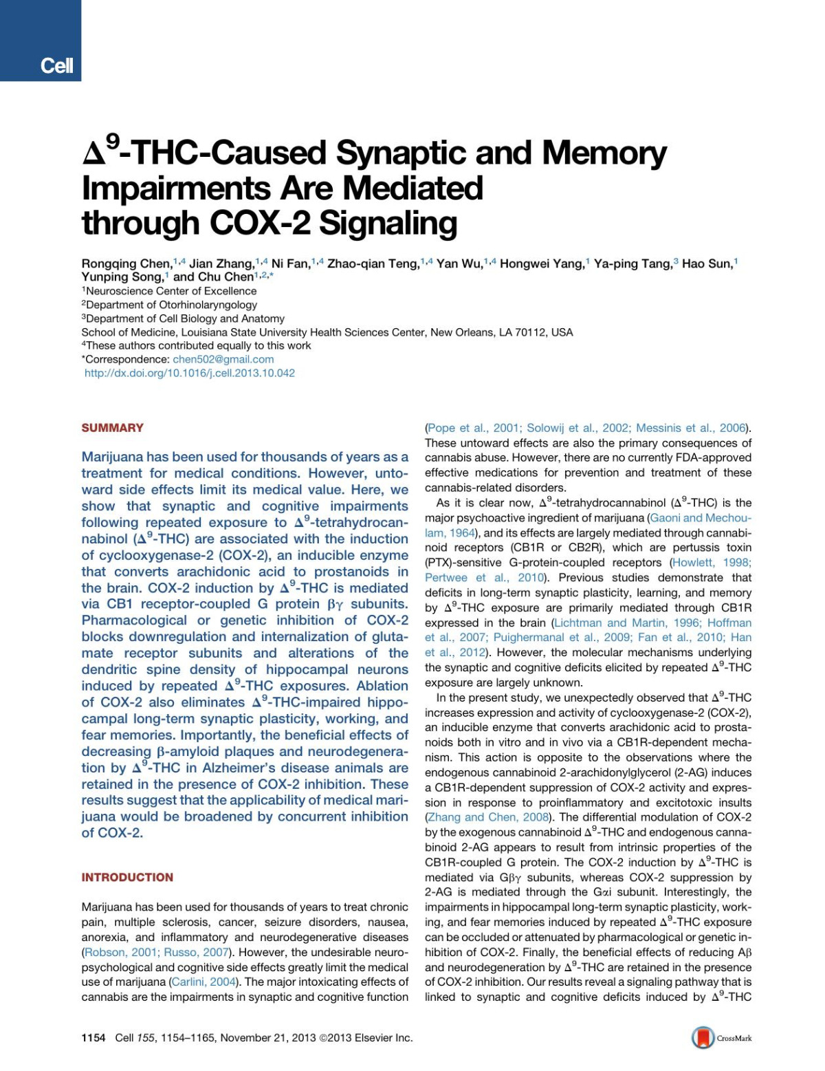 Delta9thccaused Synaptic And Memory Impairments Are Mediated Through Cox2 Signaling Rongqing Chen Jian Zhang Ni Fan Zhaoqian Teng Yan Wu Hongwei Yang Yaping Tang Hao Sun Yunping Song Chu Chen