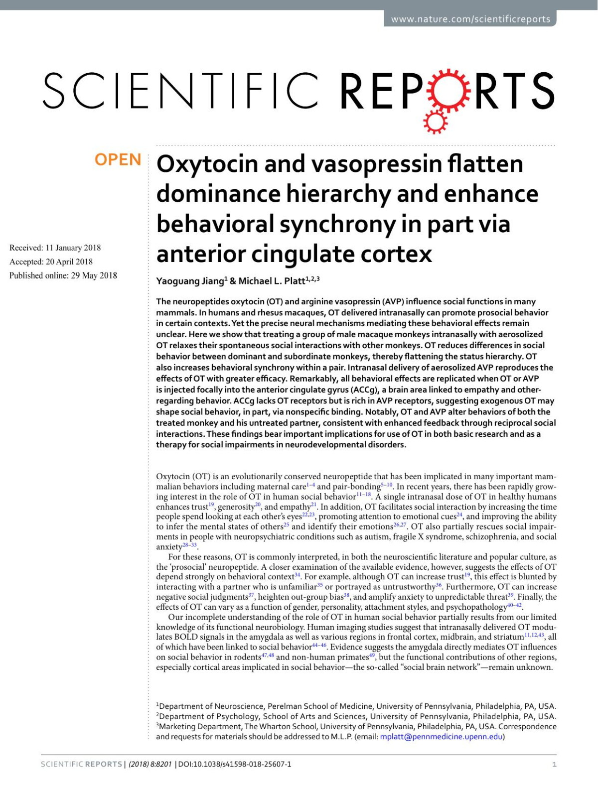 Oxytocin And Vasopressin Flatten Dominance Hierarchy And Enhance Behavioral Synchrony In Part Via Anterior Cingulate Cortex Yaoguang Jiang Michael L Platt