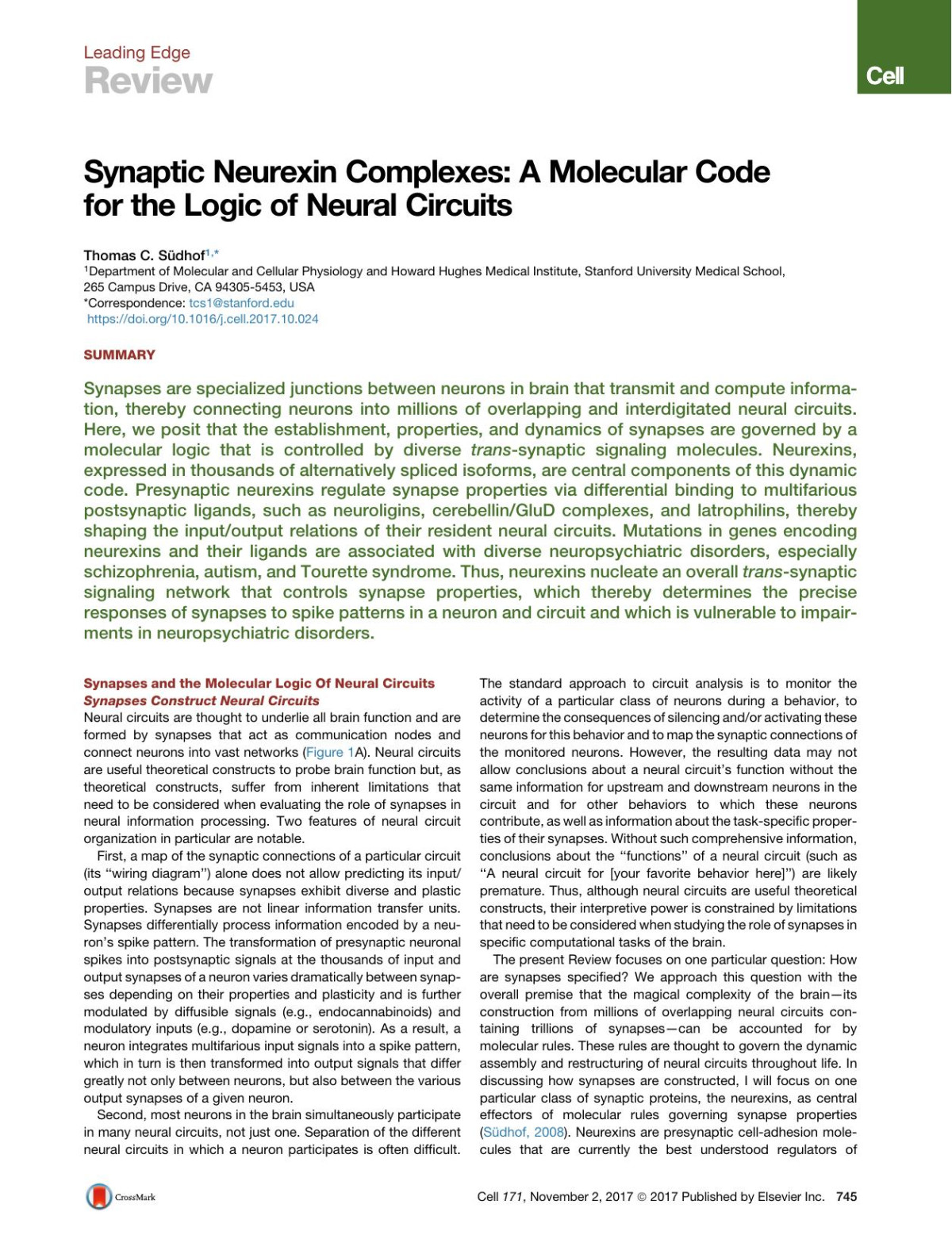 Synaptic Neurexin Complexes A Molecular Code For The Logic Of Neural Circuits Thomasc Sdhof