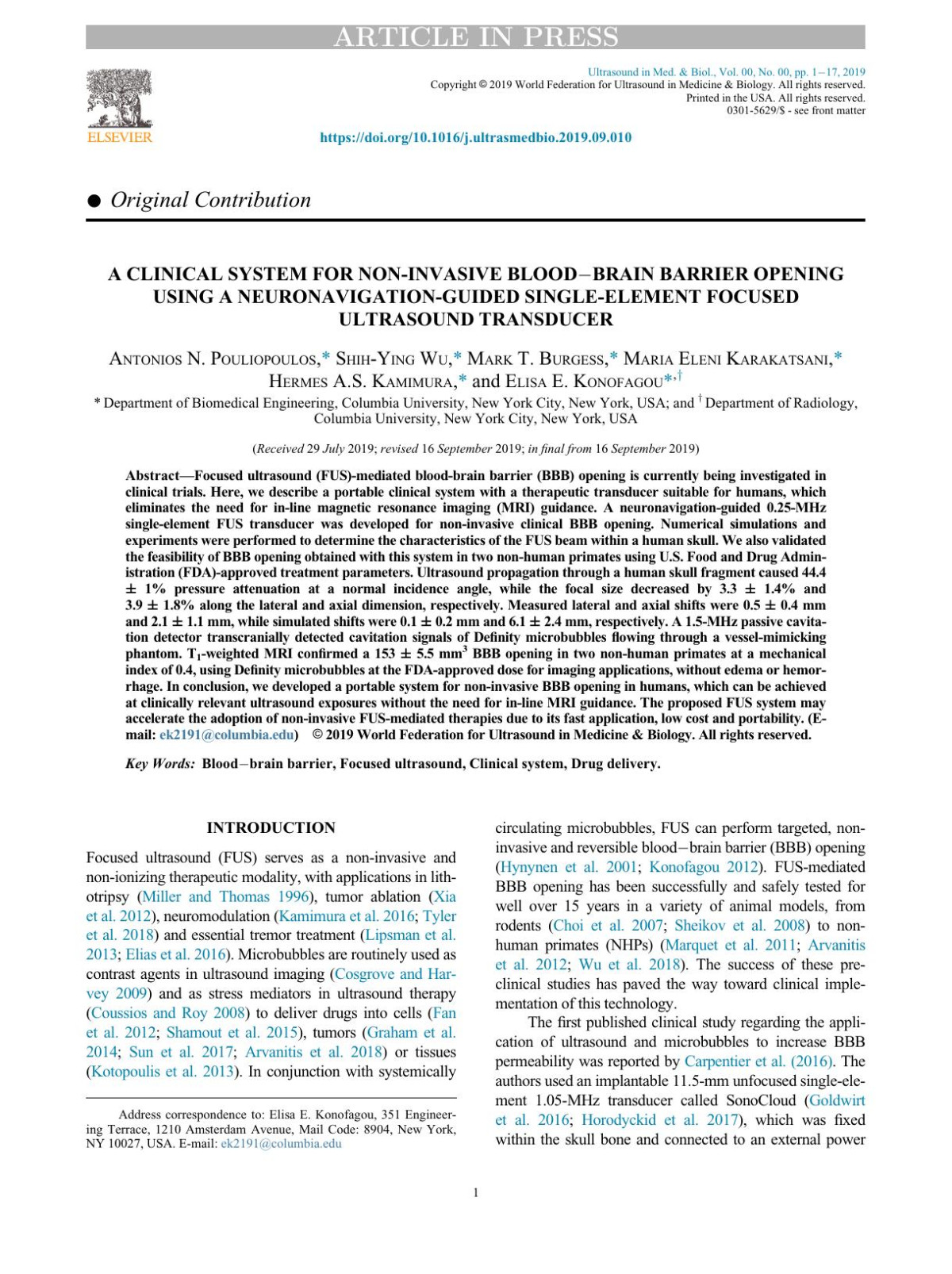 A Clinical System For Noninvasive Bloodbrain Barrier Opening Using A Neuronavigationguided Singleelement Focused Ultrasound Transducer Antonios N Pouliopoulos Shihying Wu Mark T Burgess Maria Eleni Karakatsani Hermes As Kamimura Elisa E Konofagou