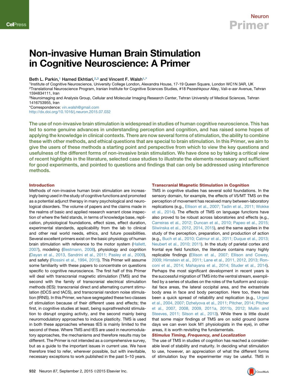 Noninvasive Human Brain Stimulation In Cognitive Neuroscience A Primer Bethl Parkin Hamed Ekhtiari Vincentf Walsh