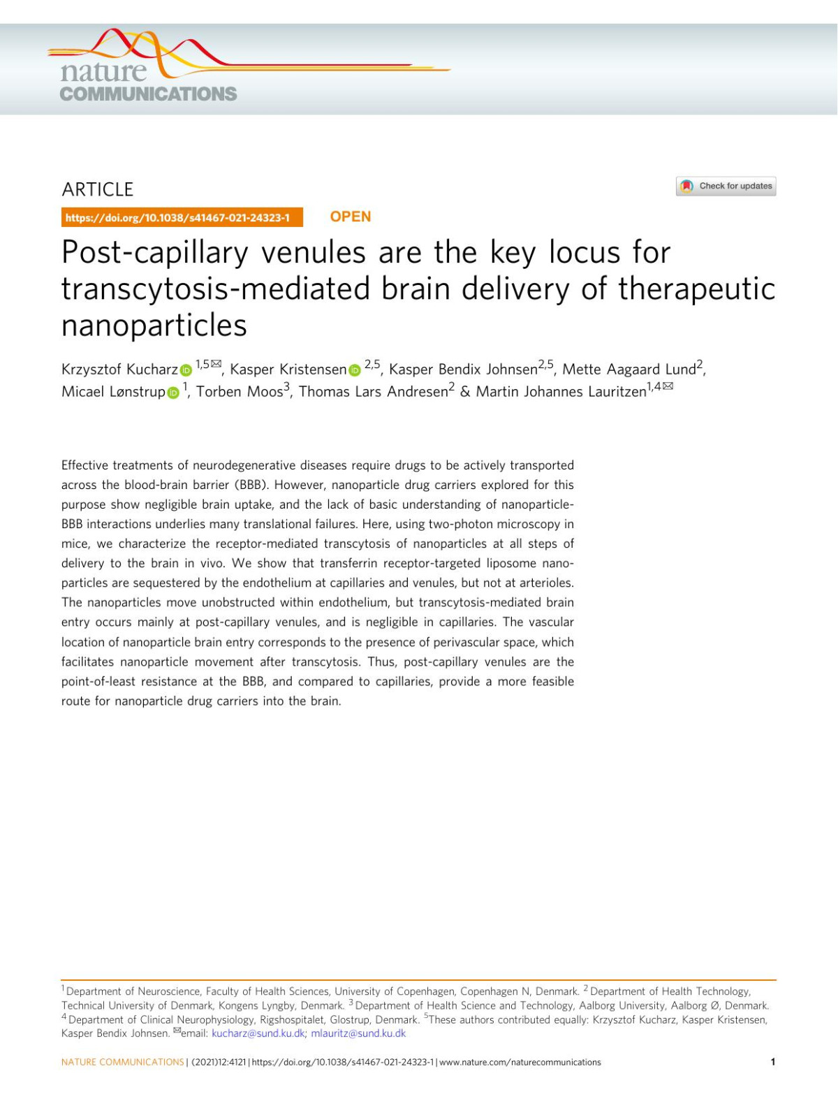 Postcapillary Venules Are The Key Locus For Transcytosismediated Brain Delivery Of Therapeutic Nanoparticles Krzysztof Kucharz Kasper Kristensen Kasper Bendix Johnsen Mette Aagaard Lund Micael Lnstrup Torben Moos Thomas Lars Andresen Martin Johannes Lauritzen