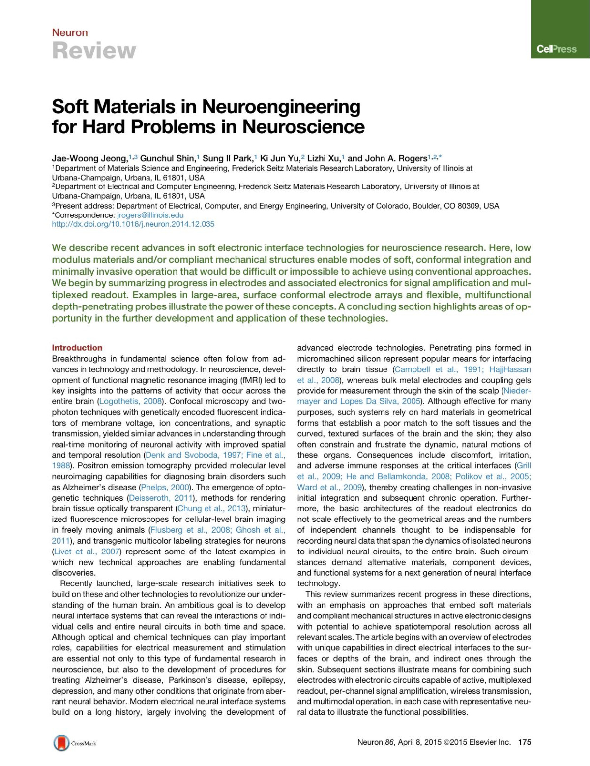 Soft Materials In Neuroengineering For Hard Problems In Neuroscience Jaewoong Jeong Gunchul Shin Sungil Park Kijun Yu Lizhi Xu Johna Rogers