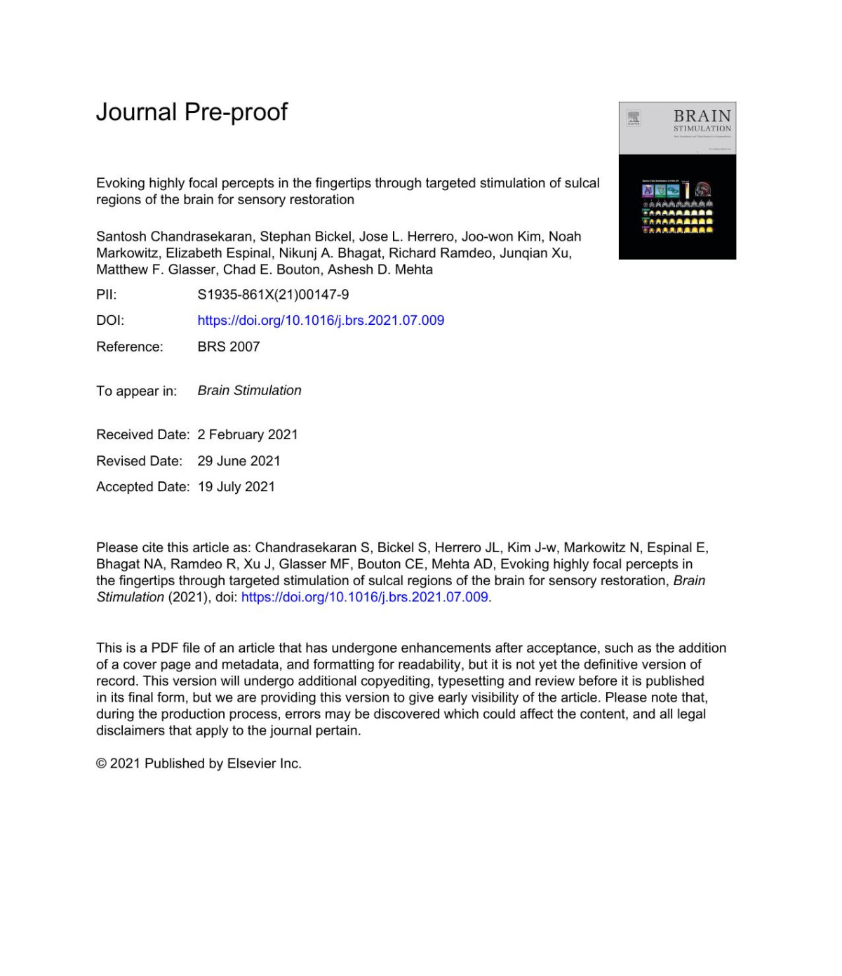 Evoking Highly Focal Percepts In The Fingertips Through Targeted Stimulation Of Sulcal Regions Of The Brain For Sensory Restoration Santosh Chandrasekaran Stephan Bickel Jose L Herrero Joowon Kim Noah Markowitz Elizabeth Espinal Nikunj A Bhagat Richard Ramdeo Junqian Xu Matthew F Glasser Chad E Bouton Ashesh D Mehta