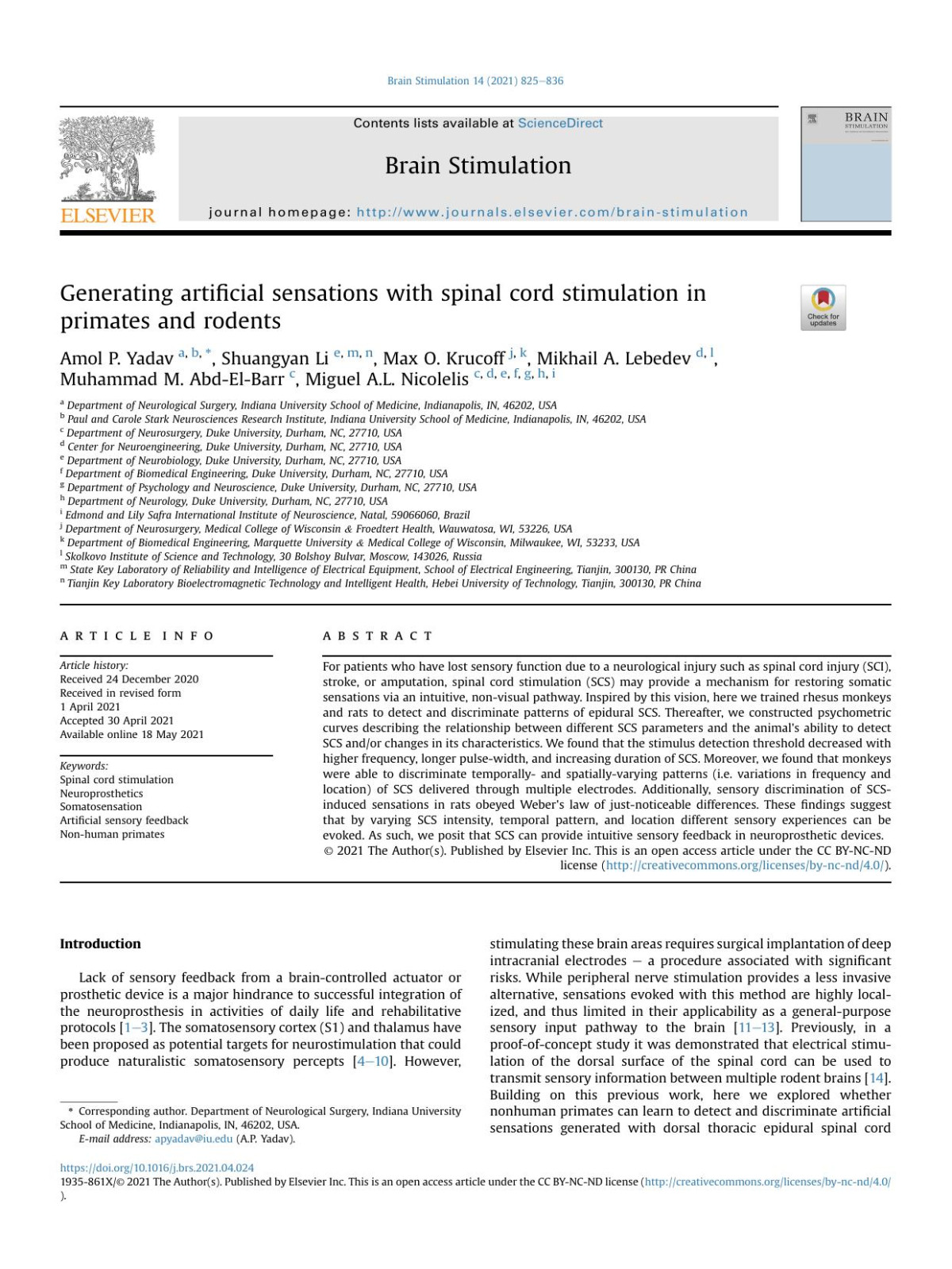 Generating Artificial Sensations With Spinal Cord Stimulation In Primates And Rodents Amol P Yadav Shuangyan Li Max O Krucoff Mikhail A Lebedev Muhammad M Abdelbarr Miguel Al Nicolelis