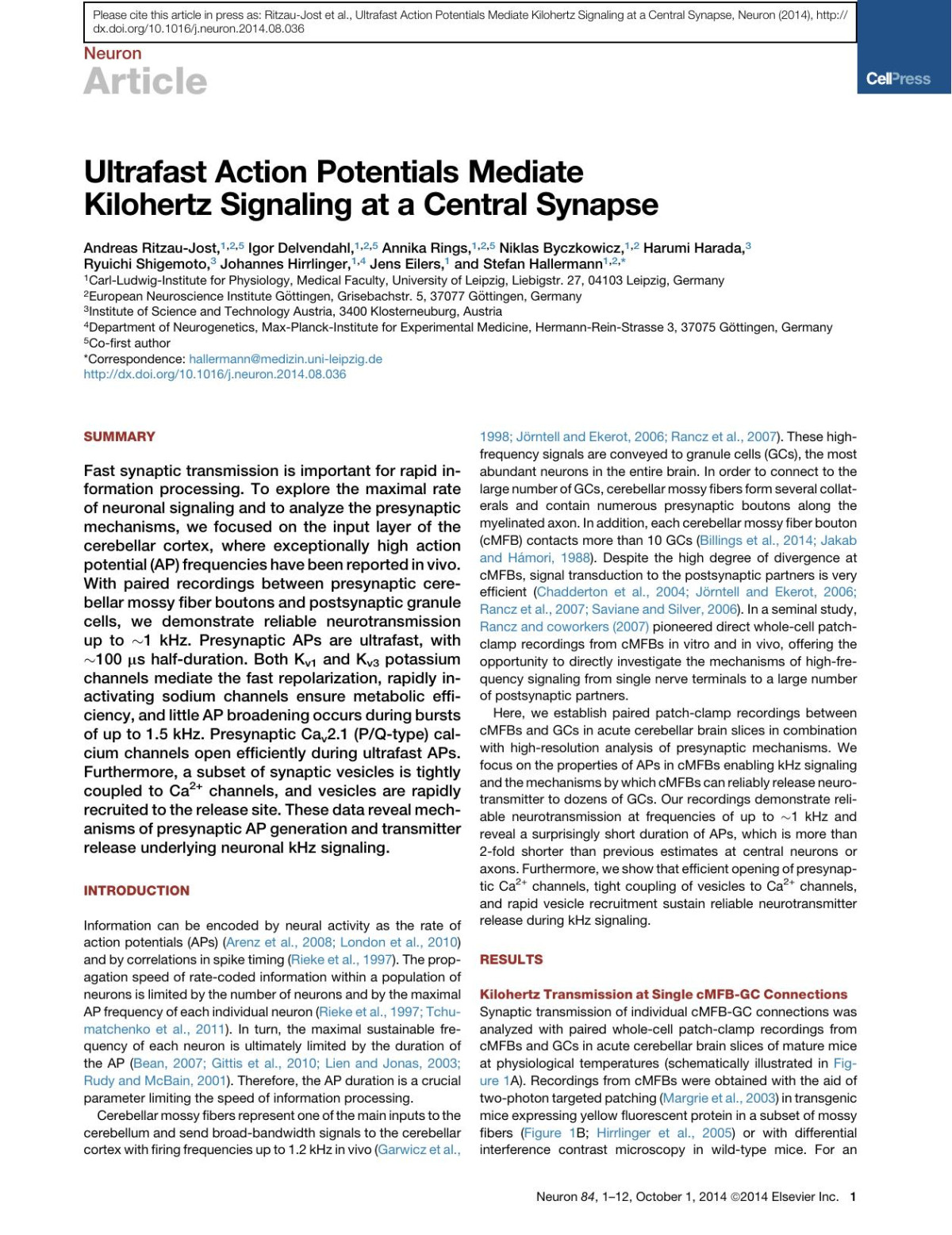 Ultrafast Action Potentials Mediate Kilohertz Signaling At A Central Synapse Andreas Ritzaujost Igor Delvendahl Annika Rings Niklas Byczkowicz Harumi Harada Ryuichi Shigemoto Johannes Hirrlinger Jens Eilers Stefan Hallermann