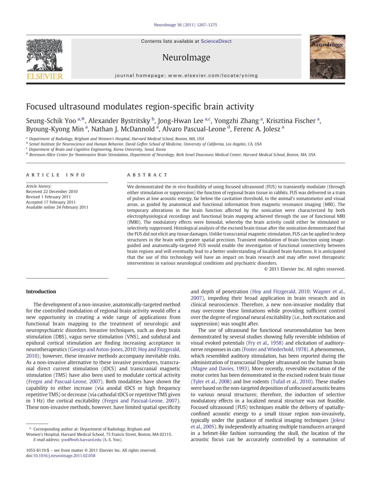 Focused Ultrasound Modulates Regionspecific Brain Activity Seungschik Yoo
