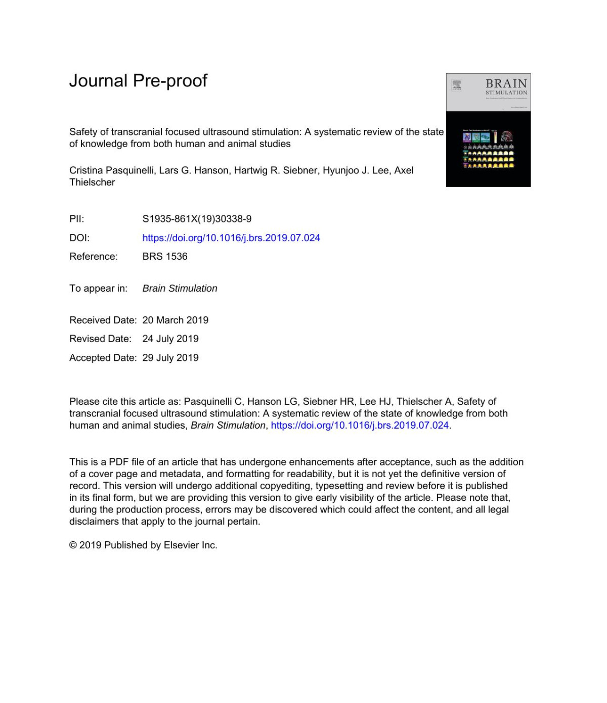 Safety Of Transcranial Focused Ultrasound Stimulation A Systematic Review Of The State Of Knowledge From Both Human And Animal Studies Cristina Pasquinelli Lars G Hanson Hartwig R Siebner Hyunjoo J Lee Axel Thielscher