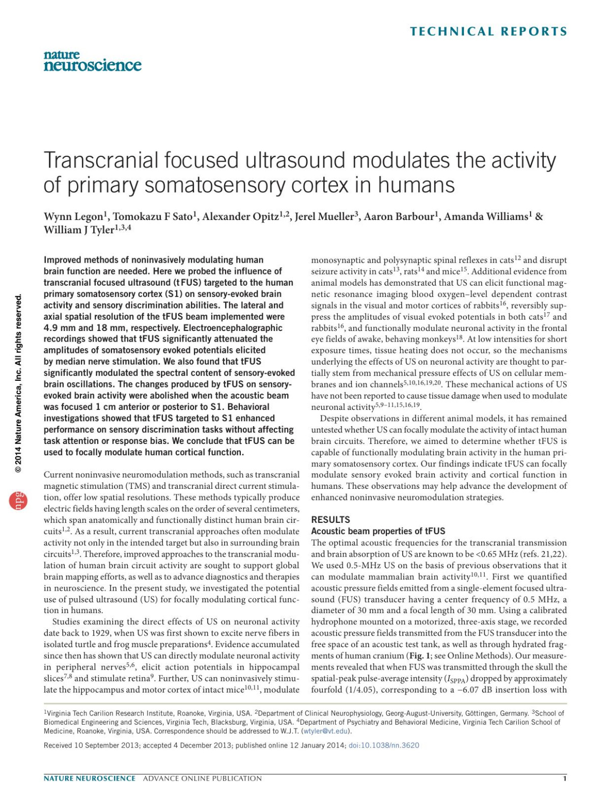 Transcranial Focused Ultrasound Modulates The Activity Of Primary Somatosensory Cortex In Humans Wynn Legon Tomokazu F Sato Alexander Opitz Jerel Mueller Aaron Barbour Amanda Williams William J Tyler