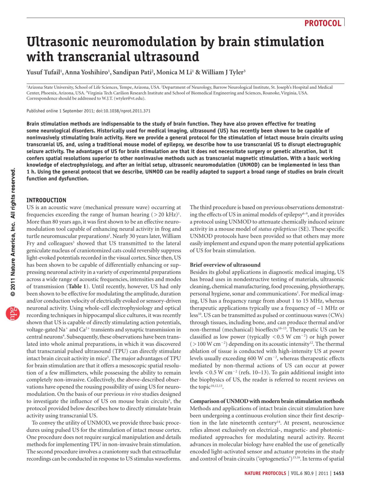 Ultrasonic Neuromodulation By Brain Stimulation With Transcranial Ultrasound Yusuf Tufail Anna Yoshihiro Sandipan Pati Monica M Li William J Tyler