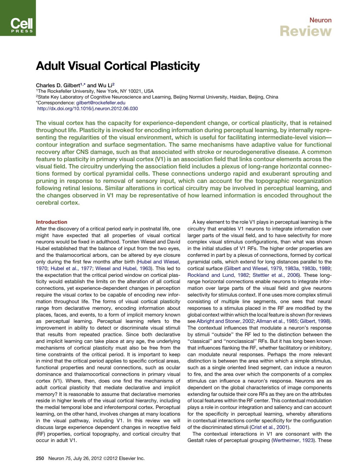 Adult Visual Cortical Plasticity Charlesnbspd Gilbert Wu Li Wu Li