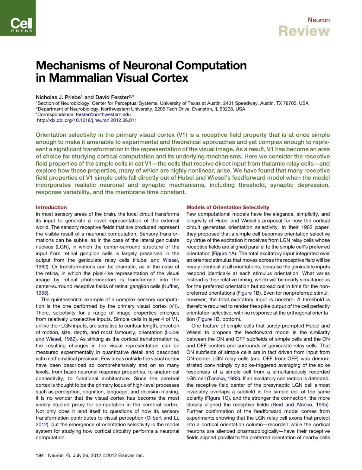 Mechanisms Of Neuronal Computation In Mammalian Visual Cortex Nicholasnbspj Priebe David Ferster David Ferster