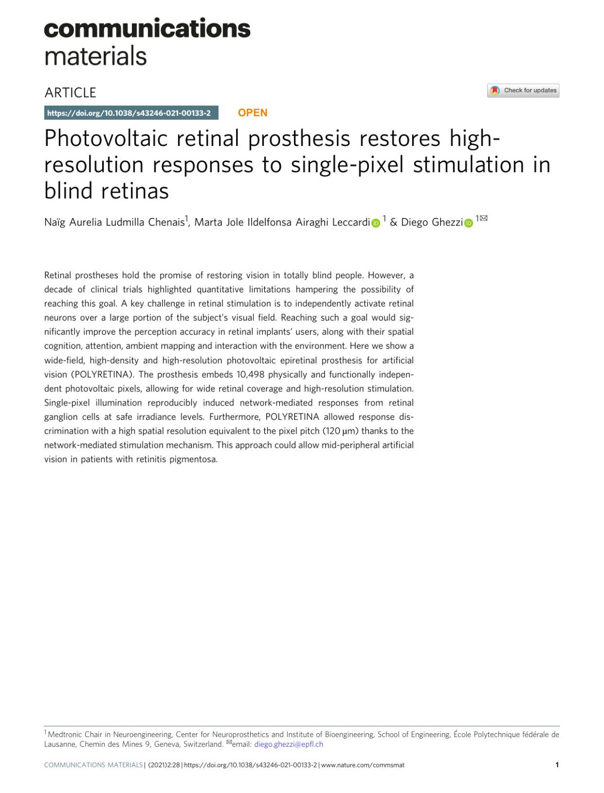 Photovoltaic Retinal Prosthesis Restores Highresolution Responses To Singlepixel Stimulation In Blind Retinas Nag Aurelia Ludmilla Chenais Marta Jole Ildelfonsa Airaghi Leccardi Diego Ghezzi