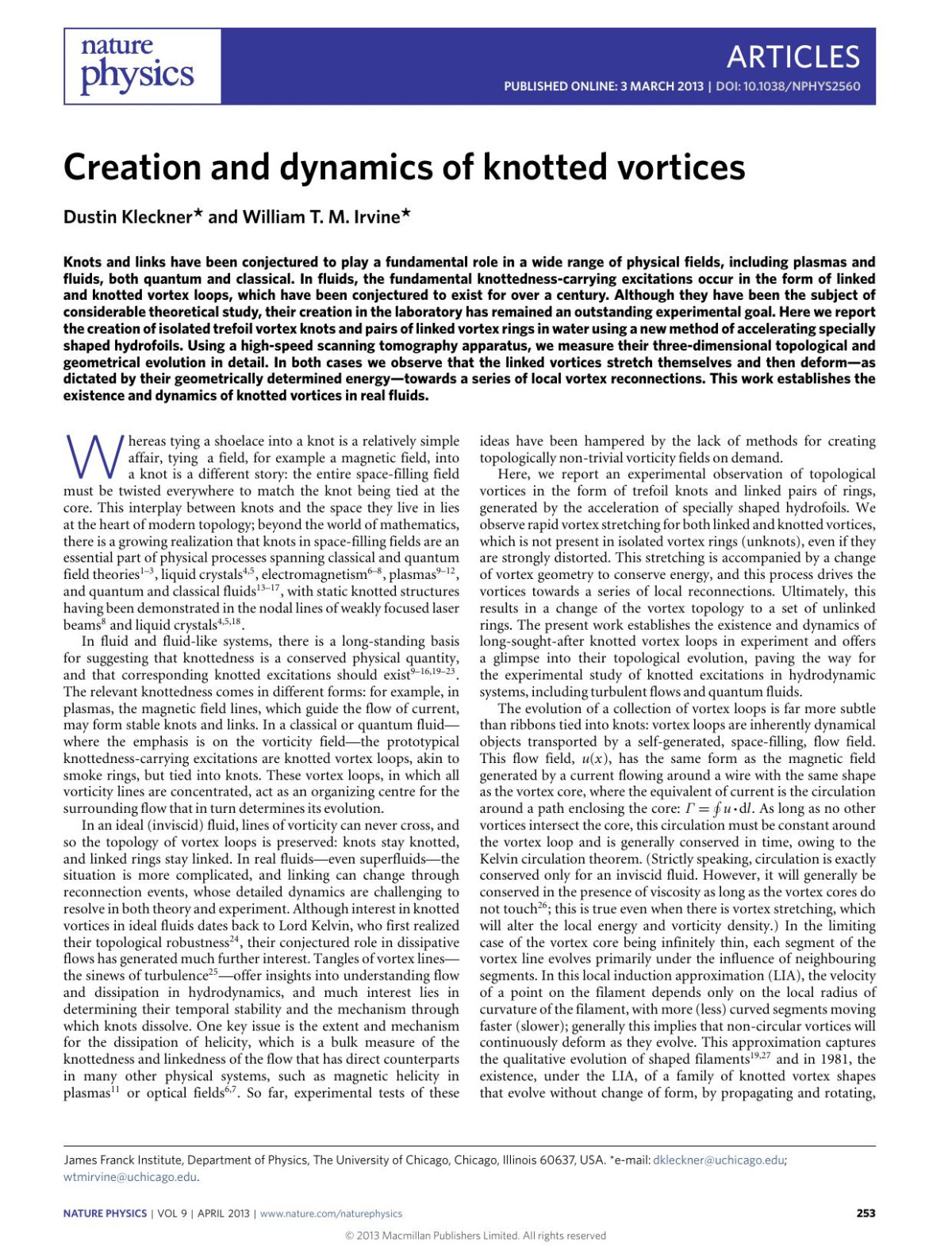 Creation And Dynamics Of Knotted Vortices Dustin Kleckner