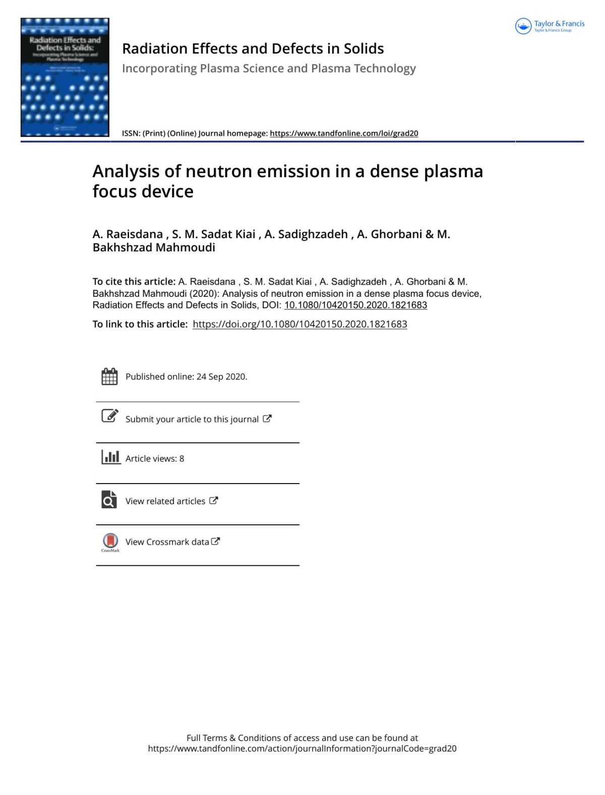 Analysis Of Neutron Emission In A Dense Plasma Focus Device A Raeisdana S M Sadat Kiai A Sadighzadeh A Ghorbani M Bakhshzad Mahmoudi S M Sadat Kiai A Sadighzadeh A Ghorbani M Bakhshzad Mahmoudi