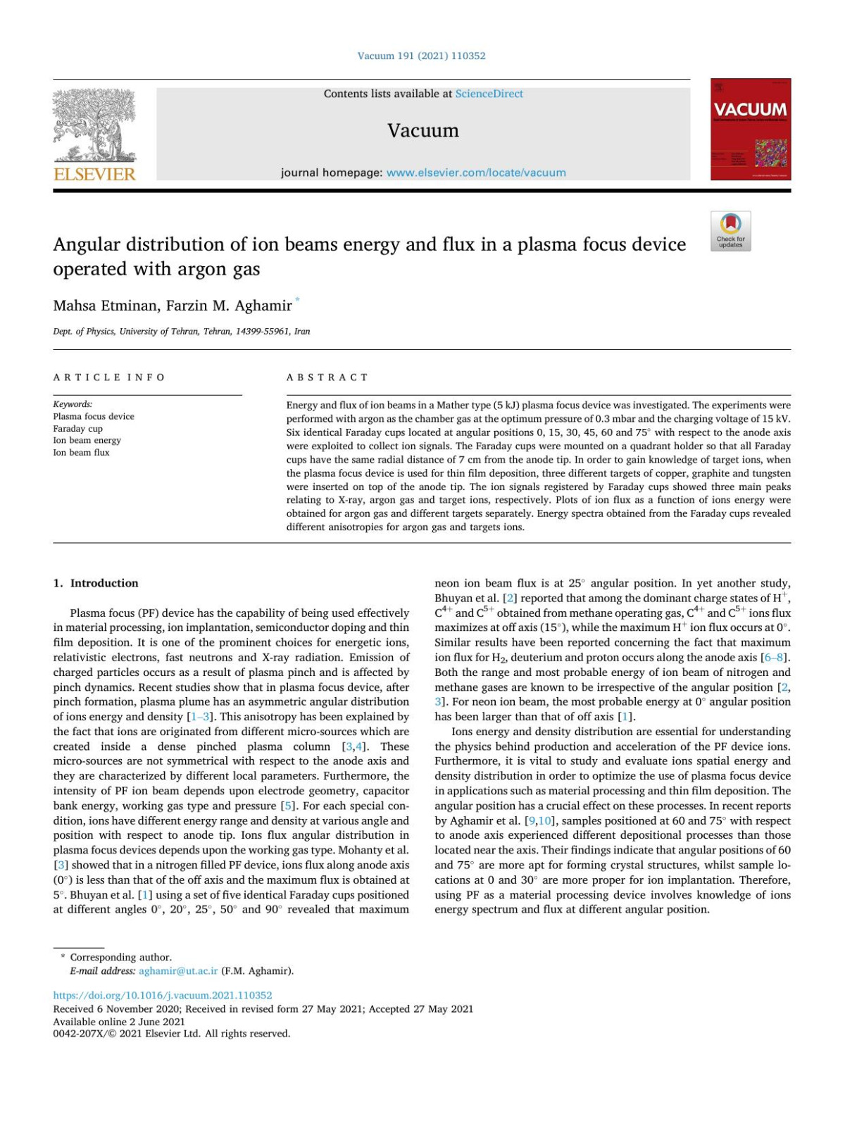 Angular Distribution Of Ion Beams Energy And Flux In A Plasma Focus Device Operated With Argon Gas Mahsa Etminan