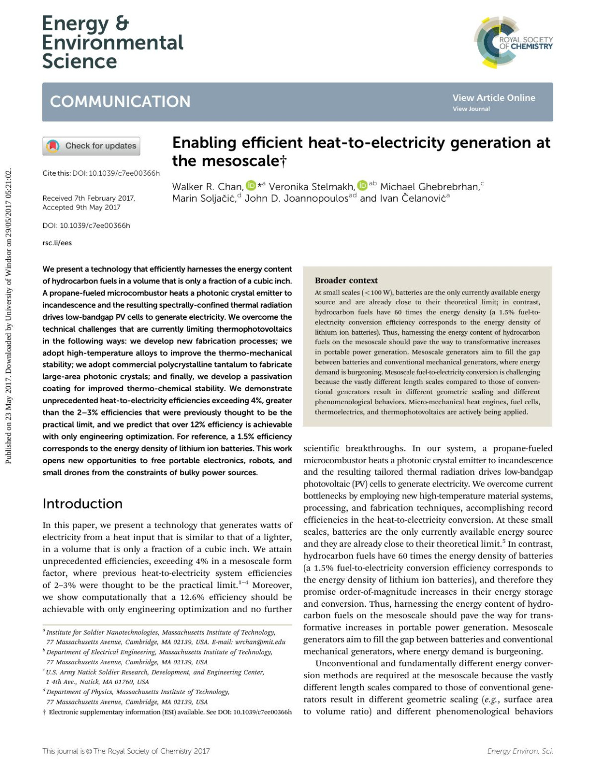 Enabling Efficient Heattoelectricity Generation At The Mesoscale Walker R Chan Veronika Stelmakh Michael Ghebrebrhan Marin Soljax10dix107 John D Joannopoulos Ivan X10celanovix107