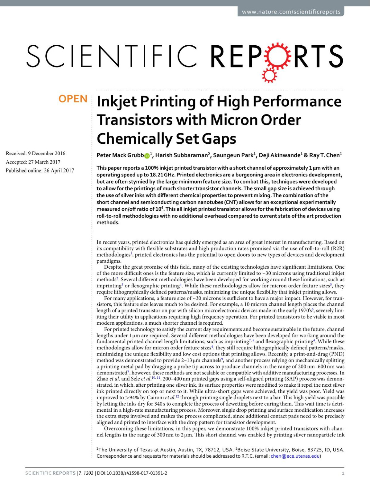 Inkjet Printing Of High Performance Transistors With Micron Order Chemically Set Gaps Peter Mack Grubb Harish Subbaraman Saungeun Park Deji Akinwande Ray T Chen