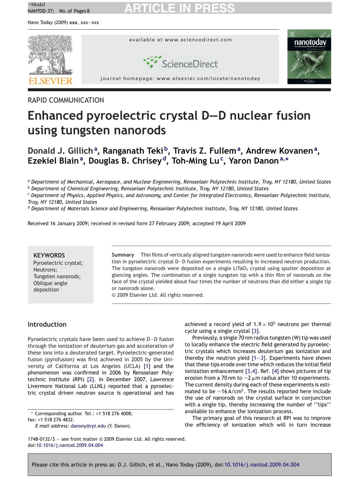 Enhanced Pyroelectric Crystal Dd Nuclear Fusion Using Tungsten Nanorods Donald J Gillich Ranganath Teki Travis Z Fullem Andrew Kovanen Ezekiel Blain Douglas B Chrisey Tohming Lu Yaron Danon