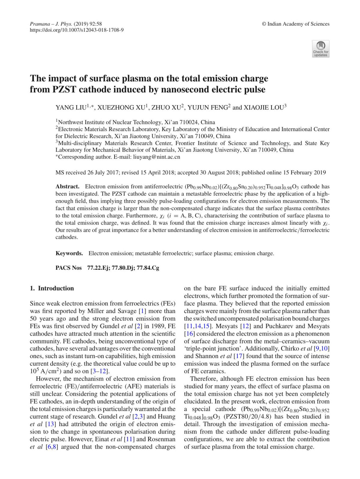 The Impact Of Surface Plasma On The Total Emission Charge From Pzst Cathode Induced By Nanosecond Electric Pulse Yang Liu Xuezhong Xu Zhuo Xu Yujun Feng Xiaojie Lou