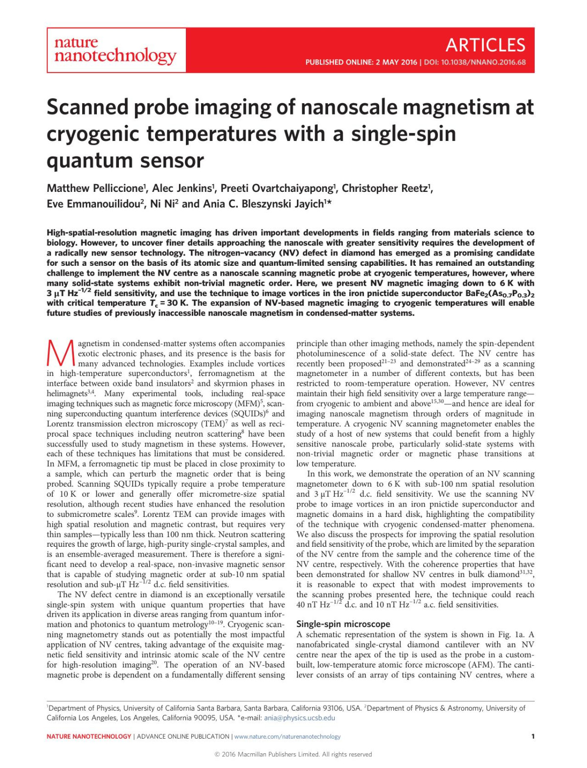 Scanned Probe Imaging Of Nanoscale Magnetism At Cryogenic Temperatures With A Singlespin Quantum Sensor Matthew Pelliccione Alec Jenkins Preeti Ovartchaiyapong Christopher Reetz Eve Emmanouilidou Ni Ni Ania C Bleszynski Jayich