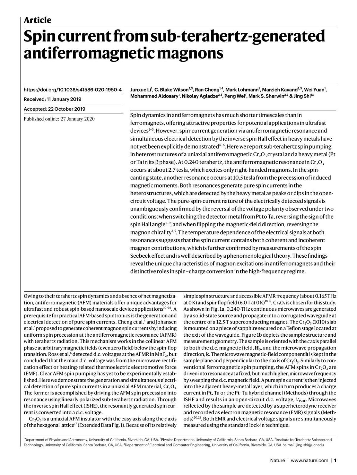 Spin Current From Subterahertzgenerated Antiferromagnetic Magnons Junxue Li C Blake Wilson Ran Cheng Mark Lohmann Marzieh Kavand Wei Yuan Mohammed Aldosary Nikolay Agladze Peng Wei Mark S Sherwin Jing Shi