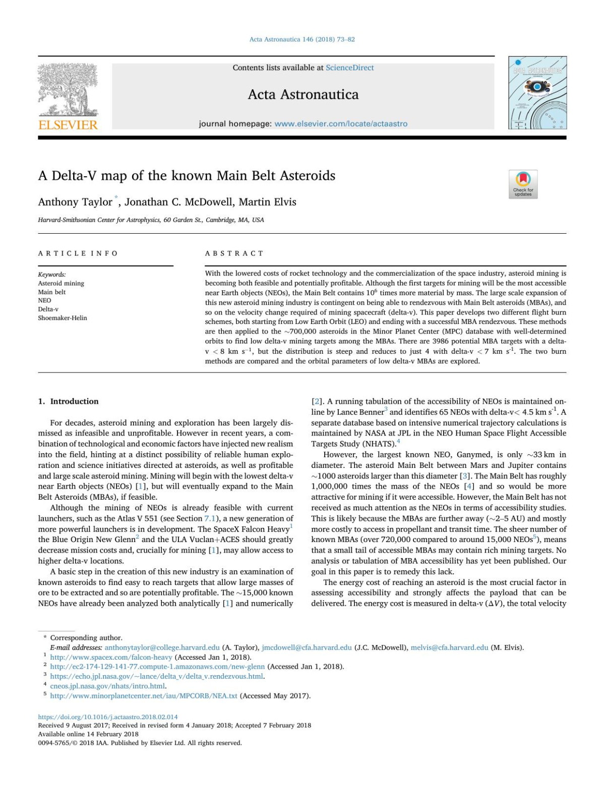 A Deltav Map Of The Known Main Belt Asteroids Anthony Taylor Jonathan C Mcdowell Martin Elvis