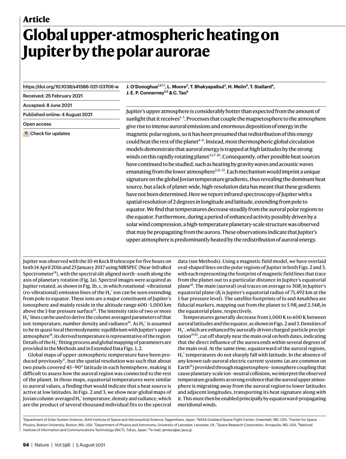 Global Upperatmospheric Heating On Jupiter By The Polar Aurorae J Odonoghue L Moore T Bhakyapaibul H Melin T Stallard J E P Connerney C Tao