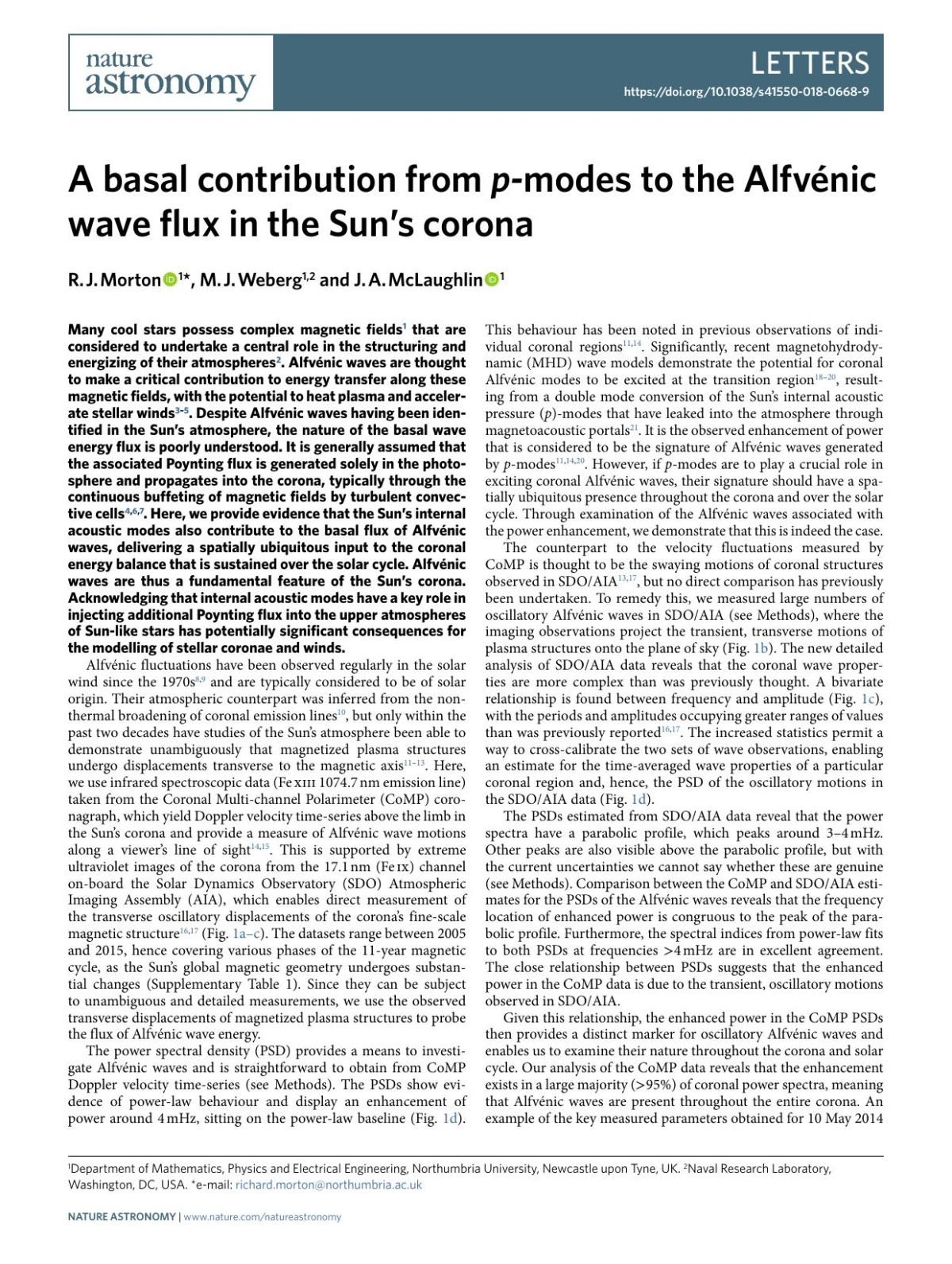 A Basal Contribution From Pmodes To The Alfvnic Wave Flux In The Suns Corona R J Morton M J Weberg J A Mclaughlin
