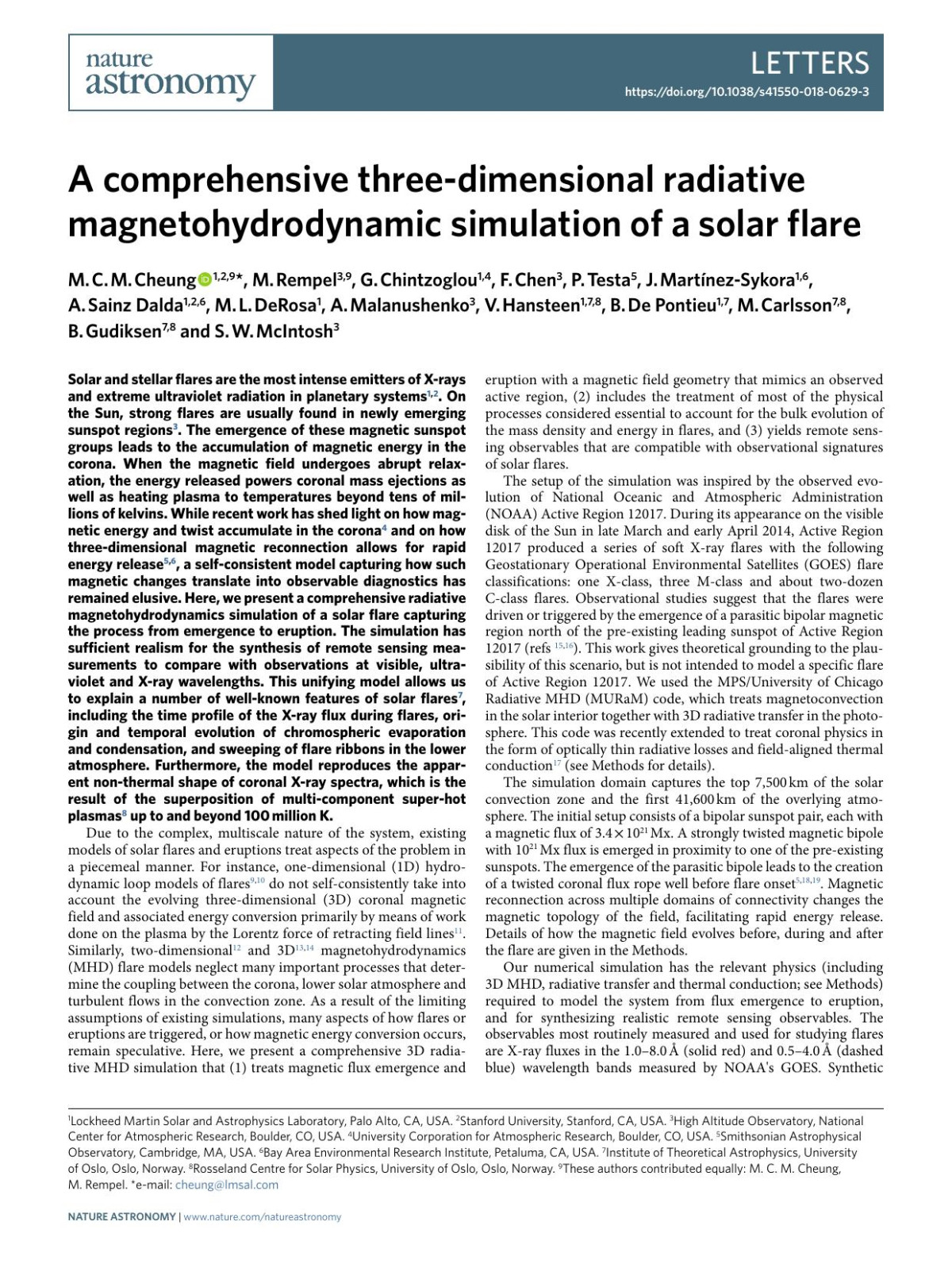 A Comprehensive Threedimensional Radiative Magnetohydrodynamic Simulation Of A Solar Flare M C M Cheung M Rempel G Chintzoglou F Chen P Testa J Martampx000ednezsykora A Sainz Dalda M L Derosa A Malanushenko V Hansteen B De Pontieu M Carlsson B Gudiksen S W Mcintosh
